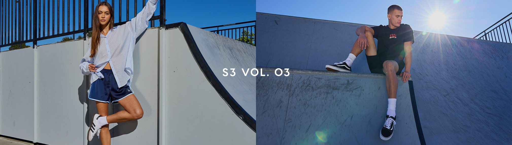 S3 Vol. 3 Lookbook. Image shows a woman and a man posing at a skatepark wearing City Beach fashion clothing