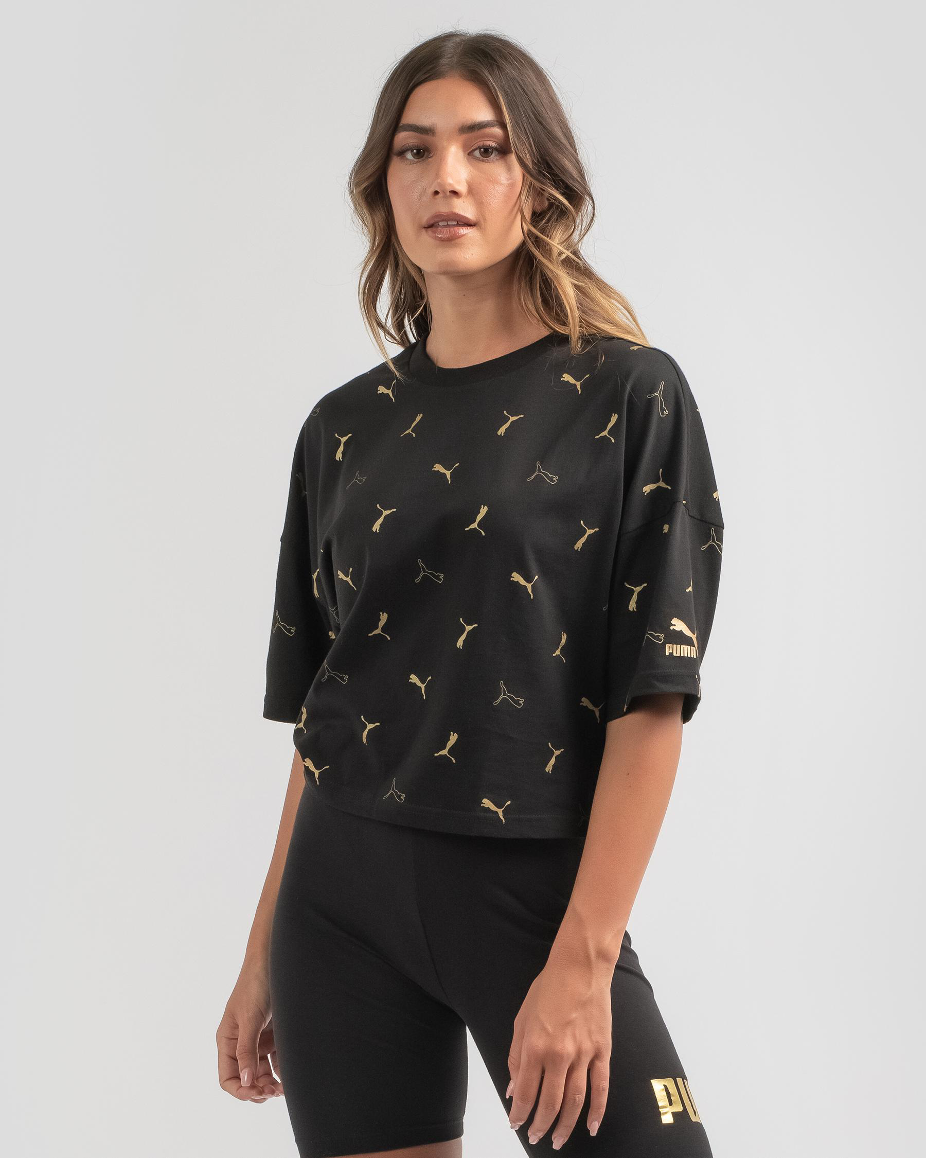 Shop Puma Classics Graphics AOP Boyfriend TShirt In Puma Black/gold