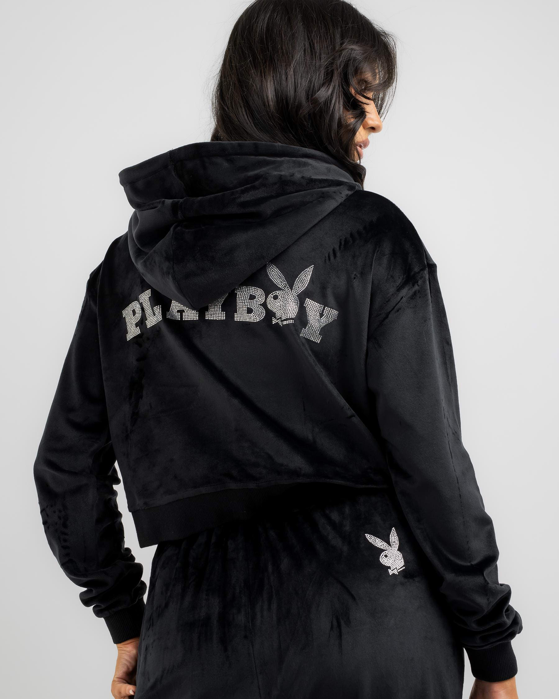 Shop Playboy Bunny O Velour Zip Through Hoodie In Black - Fast Shipping ...