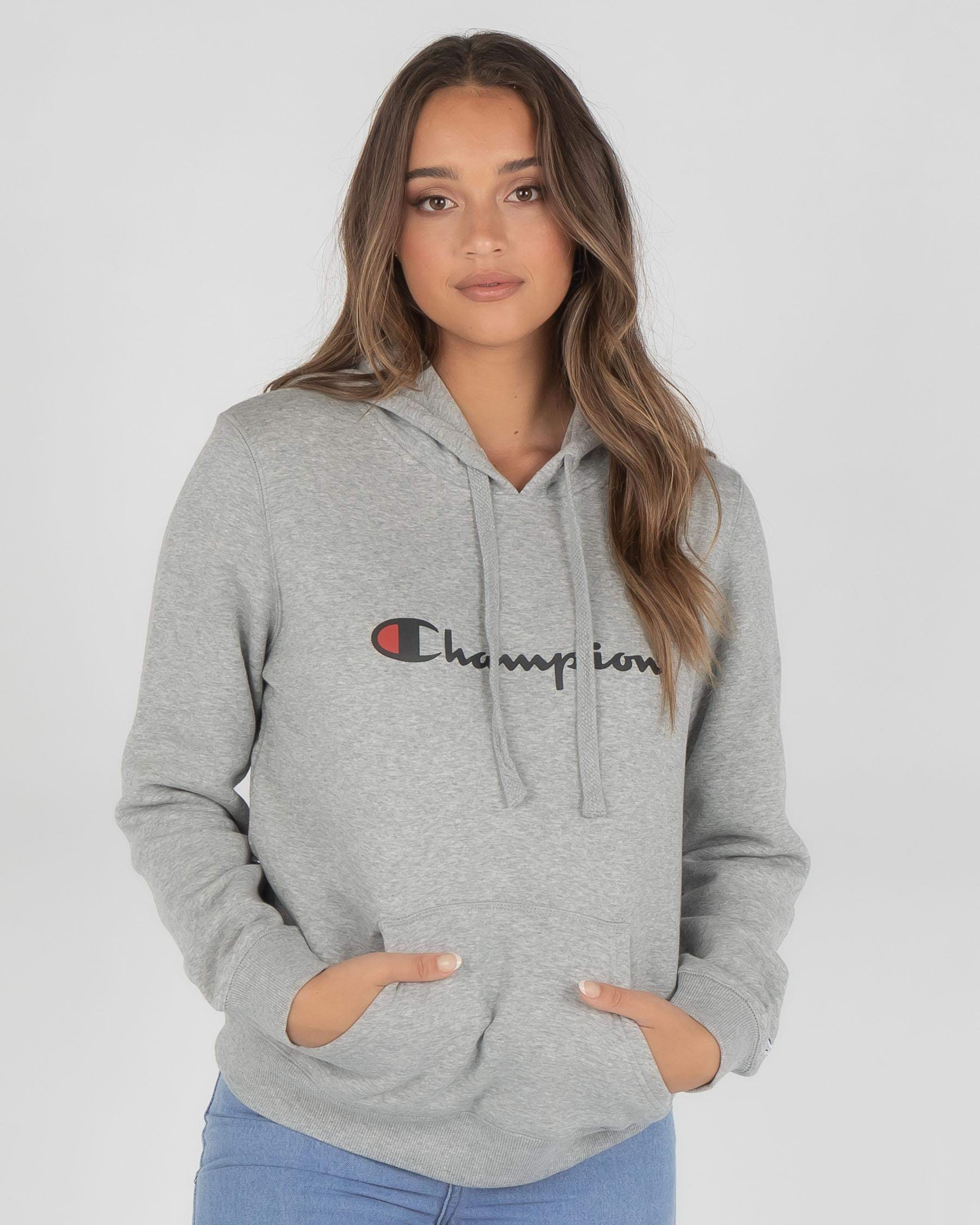 Shop Champion Logo Hoodie In Oxford Heather - Fast Shipping & Easy ...