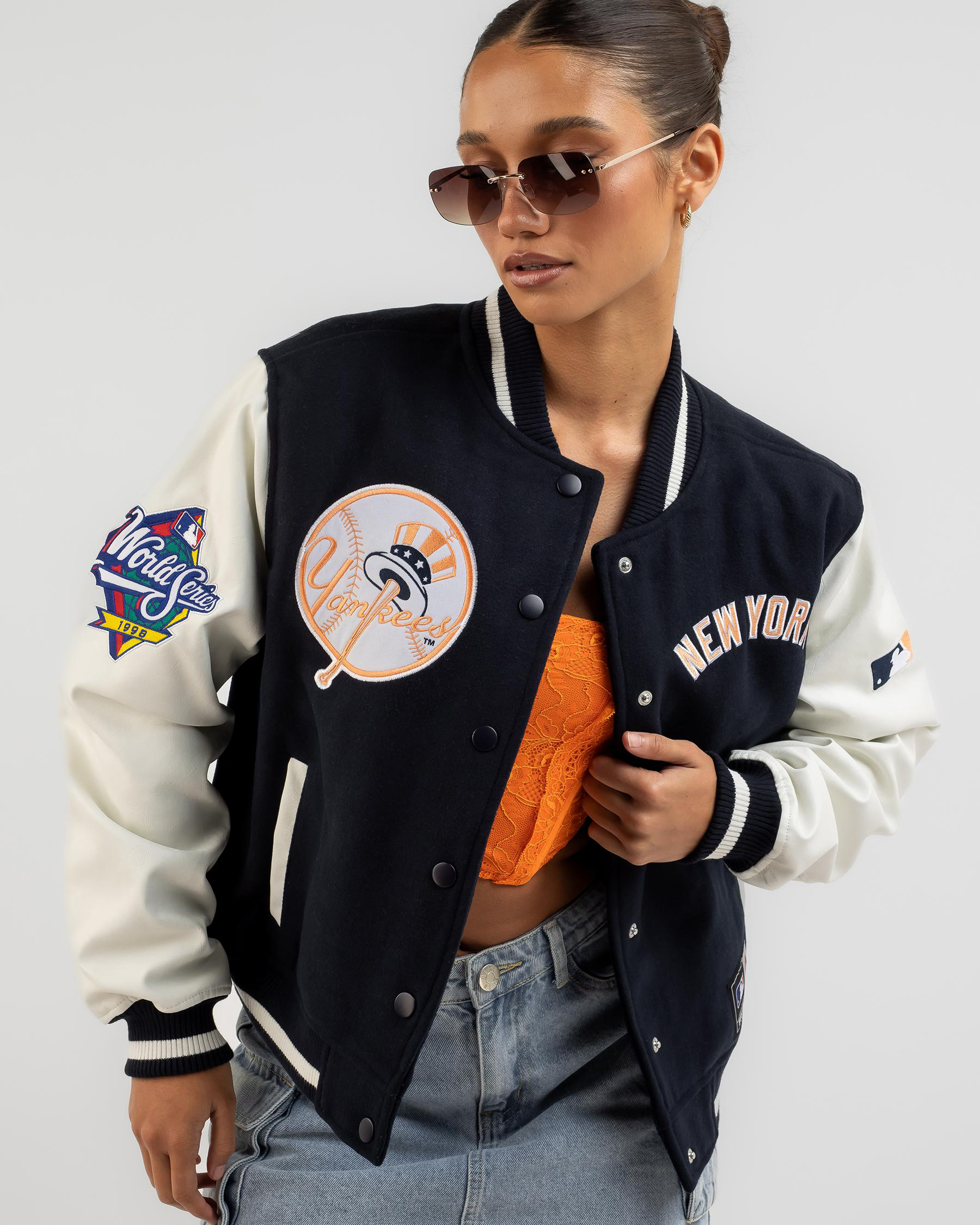 Majestic Women's New York Yankees Wordmark Varsity Jacket in Navy | Size XL