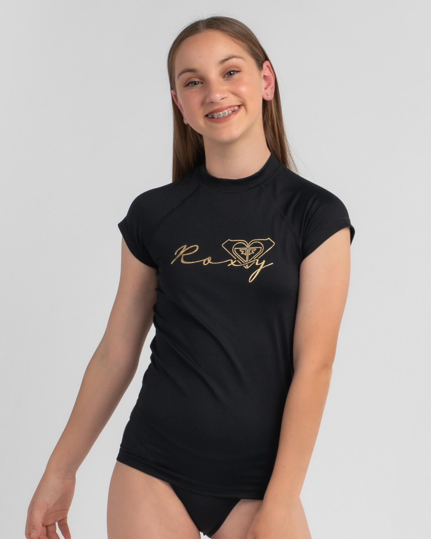 Roxy Girls' Best Life Short Sleeve Rash Vest In Black/gold Fast Shipping & Easy Returns City