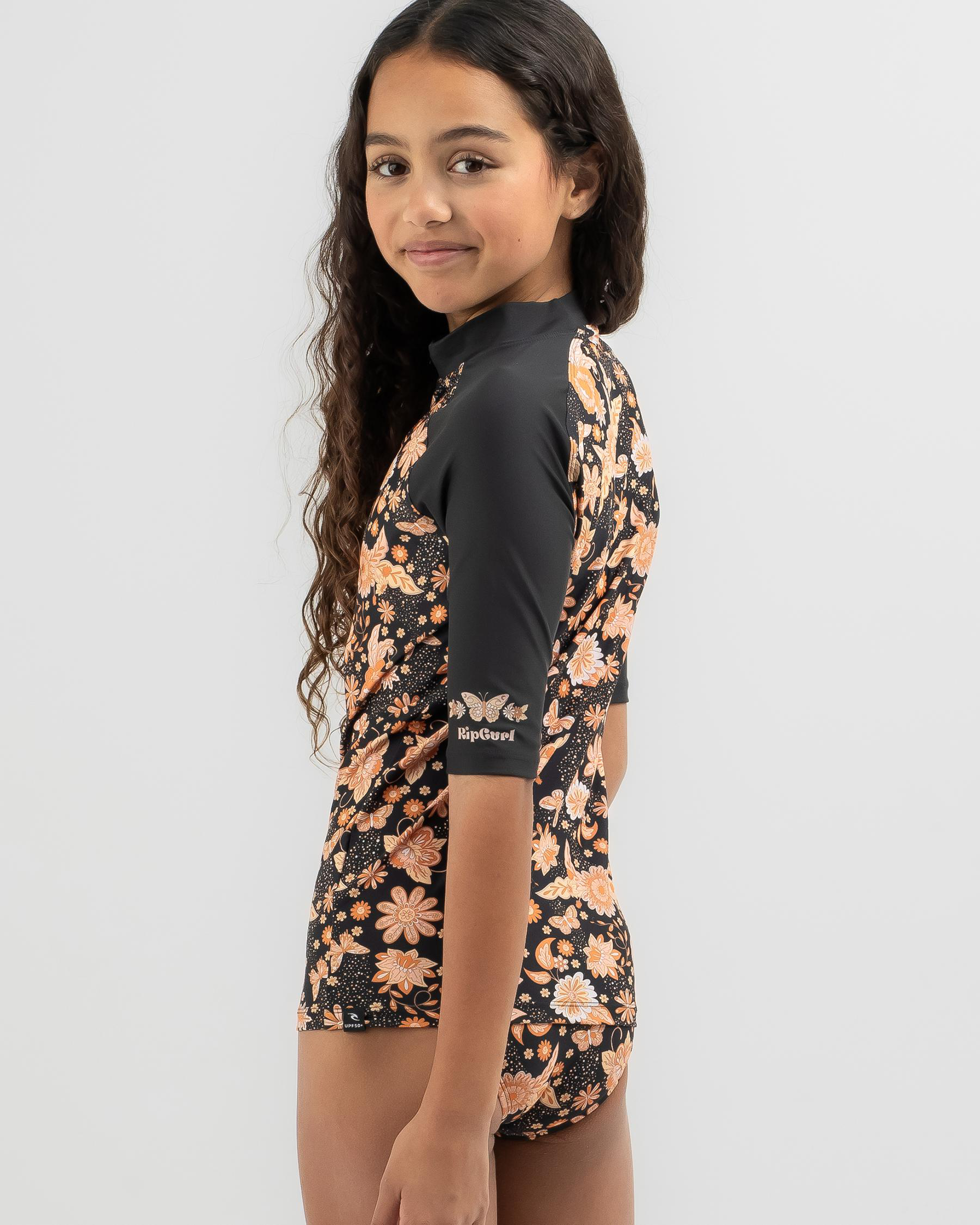 Rip Curl Girls' Sun Catcher Short Sleeve Rash Vest In Washed Black