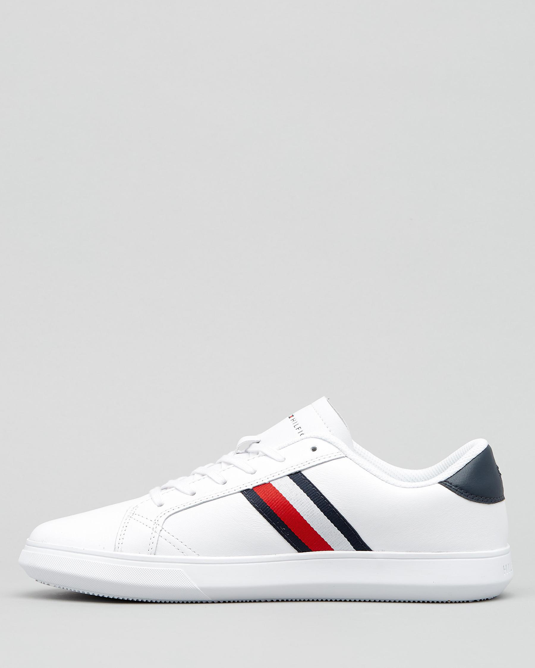 Shop Tommy Hilfiger Essential Leather Trainer Shoes In White/midnight ...