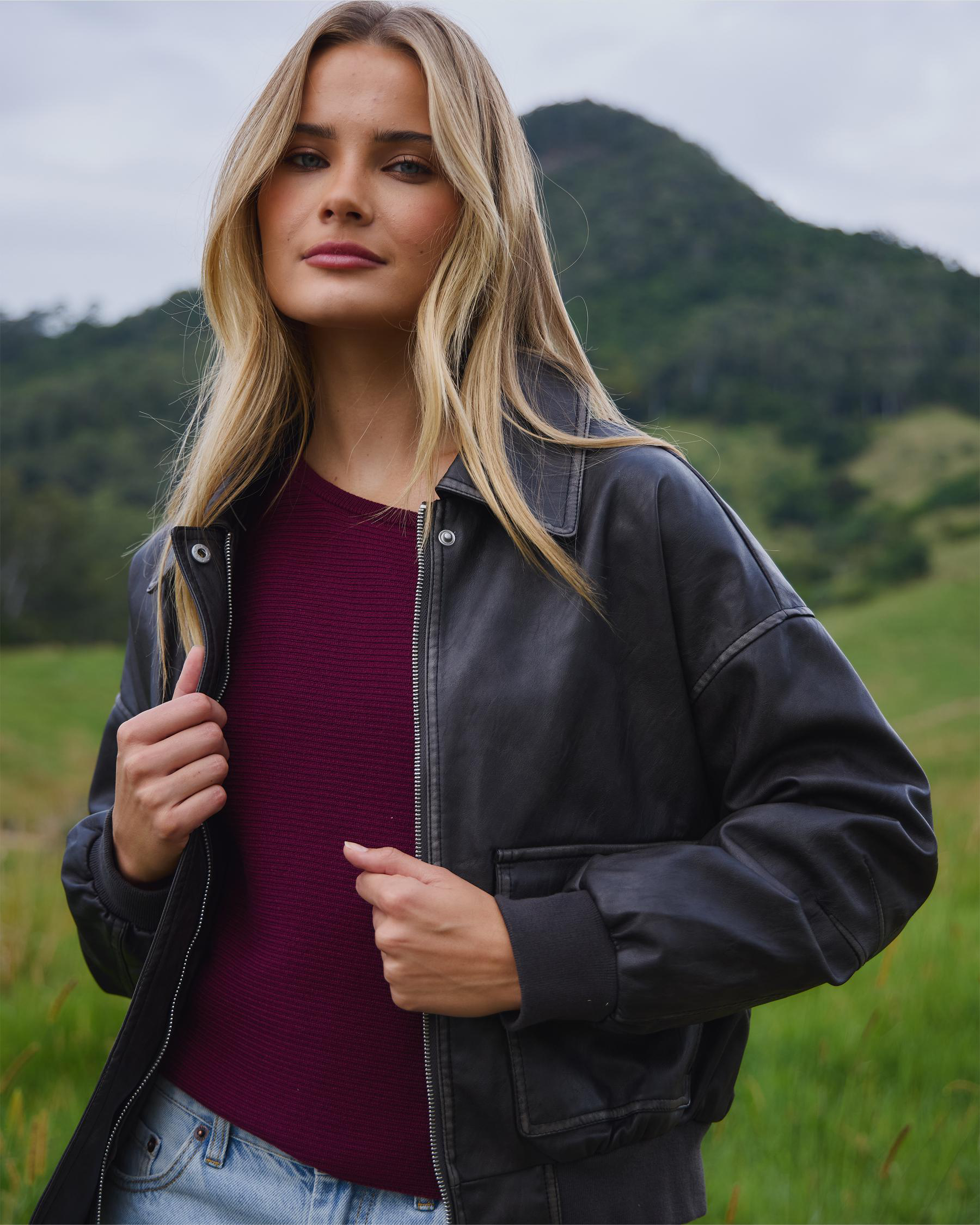 Garage Faux Leather Bomber Jacket