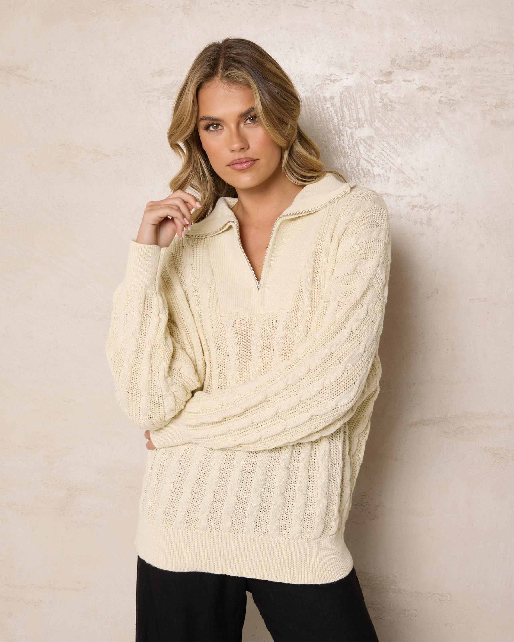 Judy Half Zip Collared Cable Knit Jumper