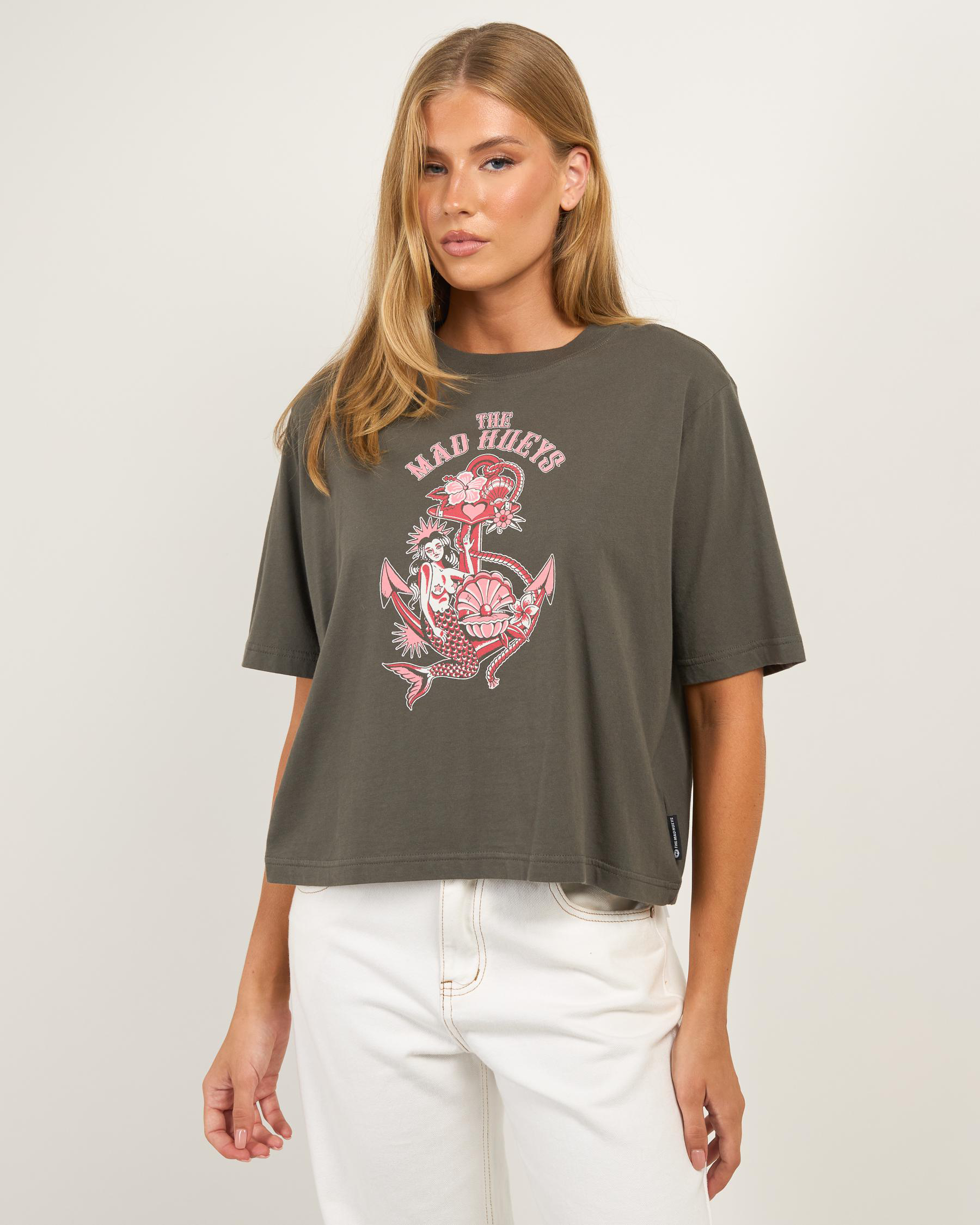 The Mad Hueys Women's Mermaid Anchor Boxy T-Shirt in Grey Size Medium