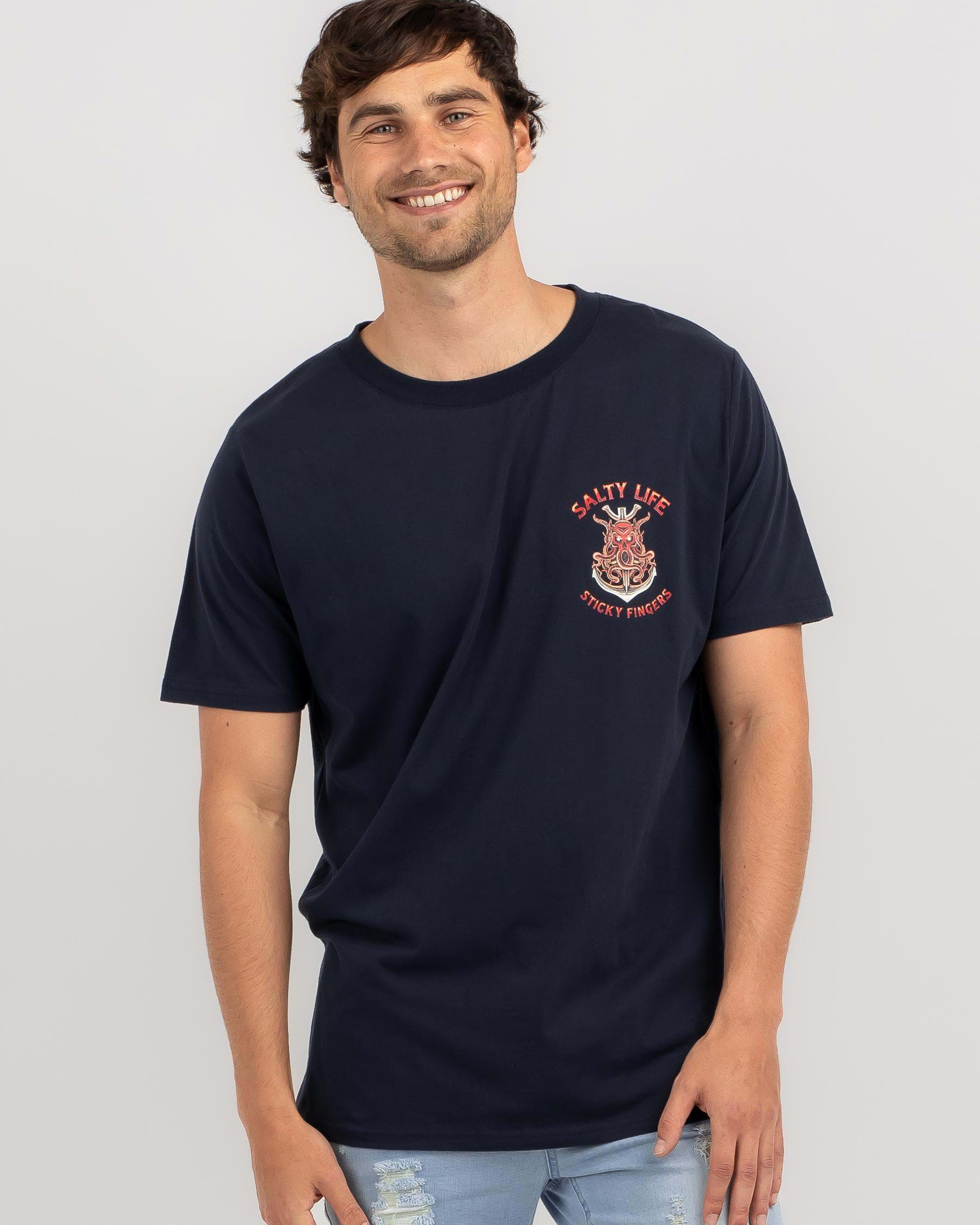 Shop Salty Life Sticky Fingers 2.0 T-Shirt In Navy - Fast Shipping ...