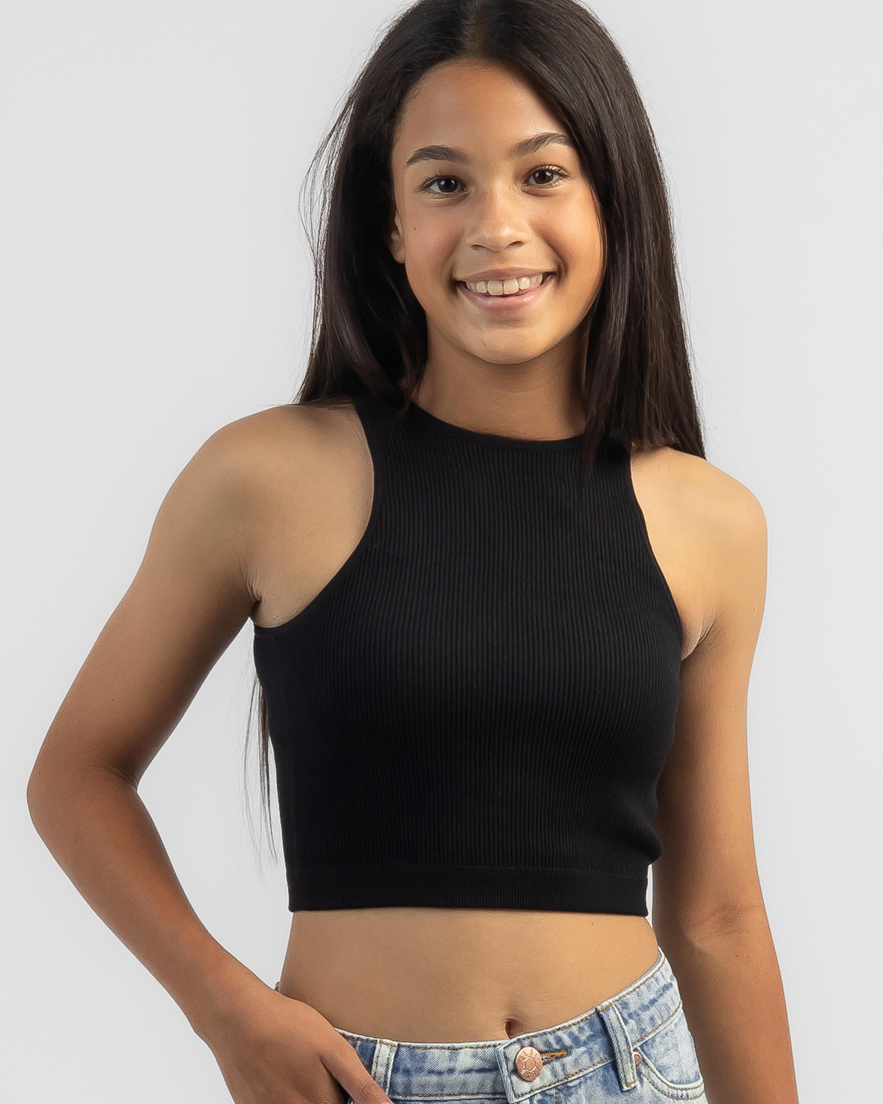 Shop Mooloola Girls' Basic Seamfree High Neck Tank Top In Black Fast Shipping & Easy Returns