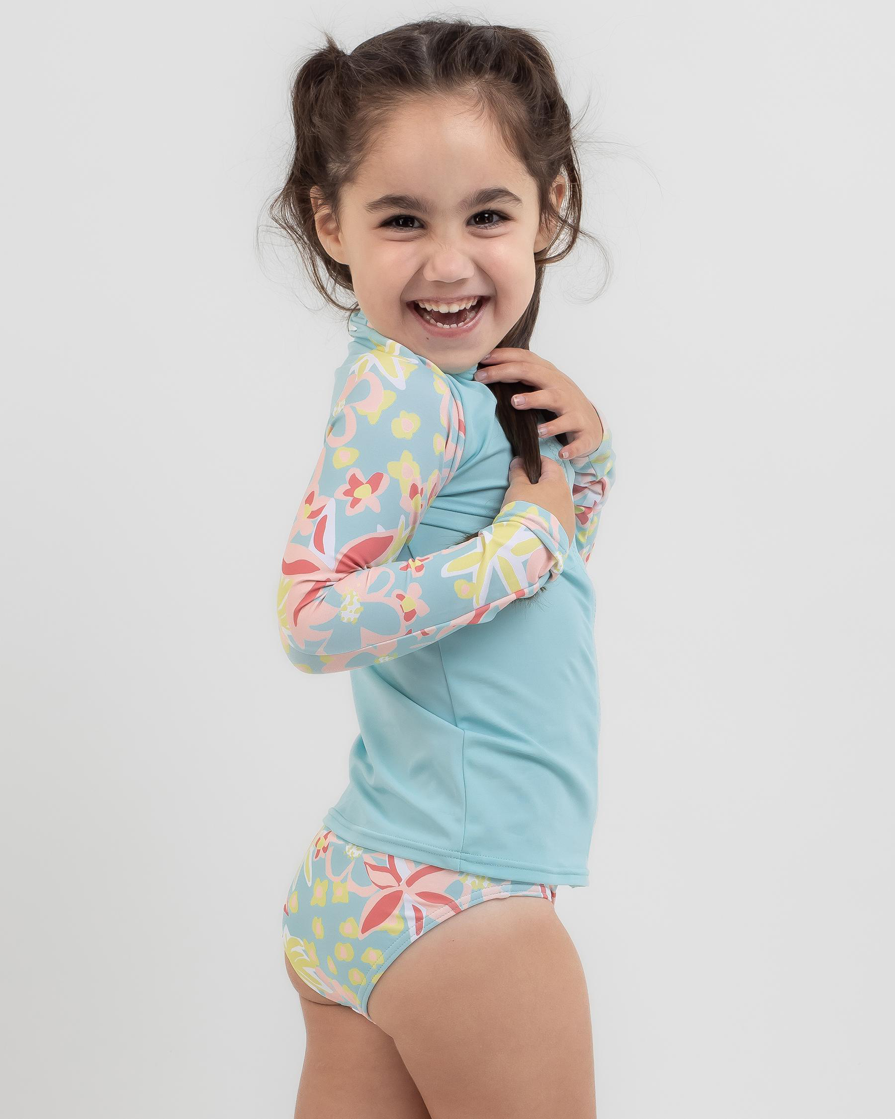 Shop Roxy Toddlers' Holiday Flower Long Sleeve Rash Vest Set In Tanager