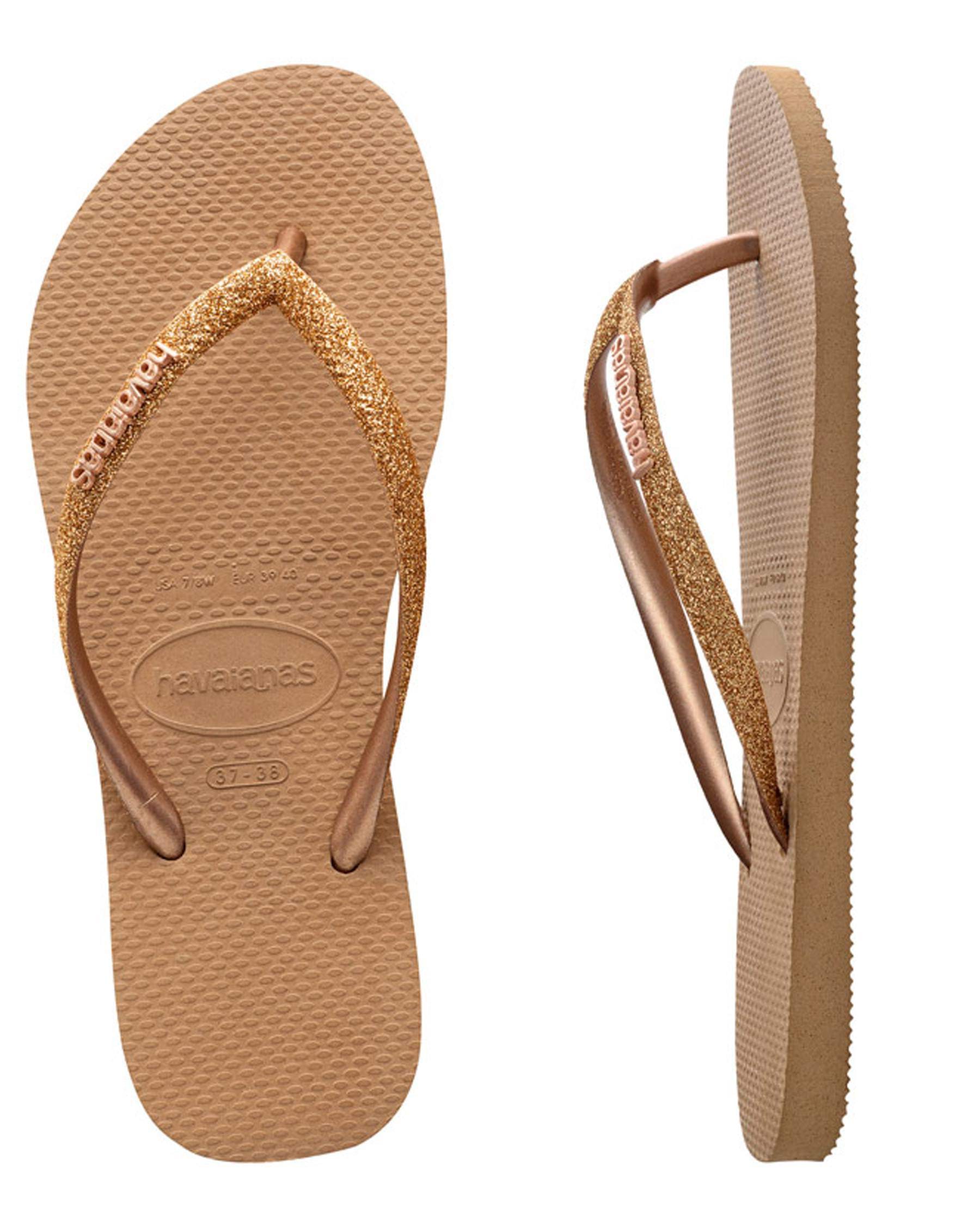 Havaianas Slim Metal Logo Glitter Thongs In Gold - Fast Shipping & Easy ...