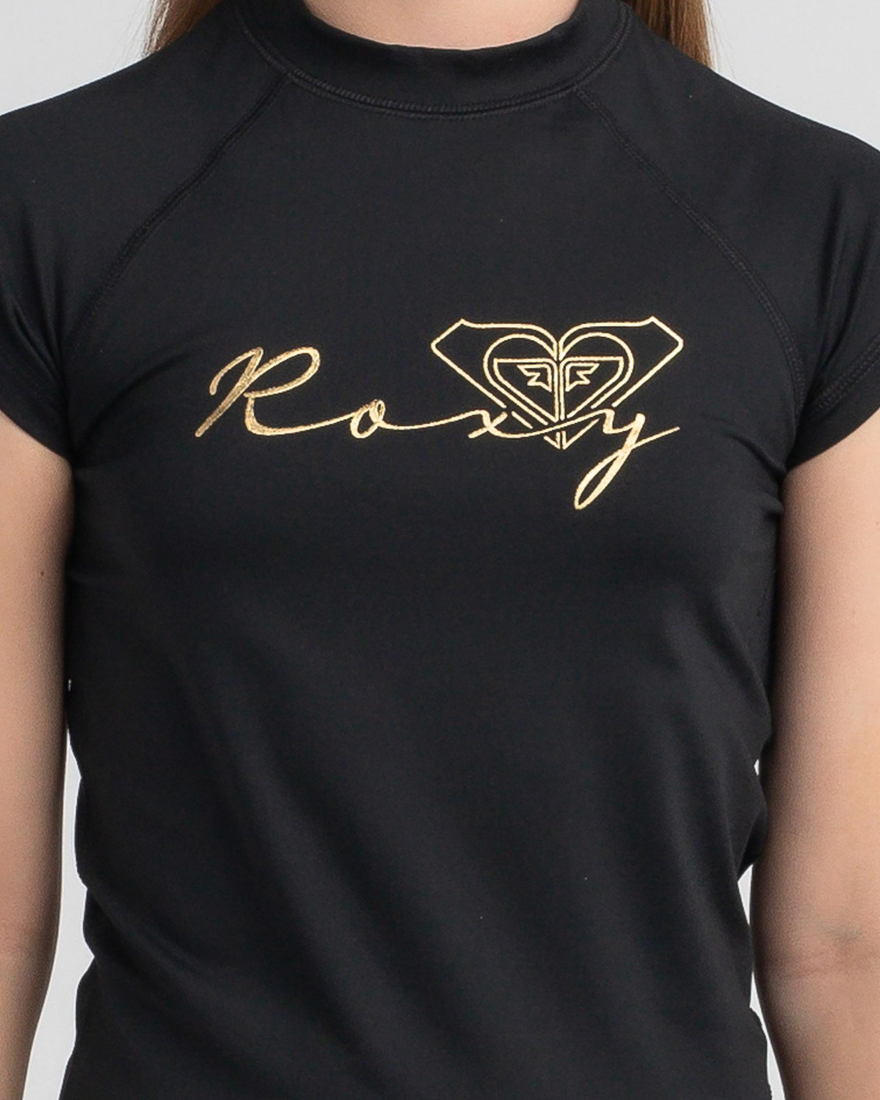 Roxy Girls' Best Life Short Sleeve Rash Vest In Black/gold Fast