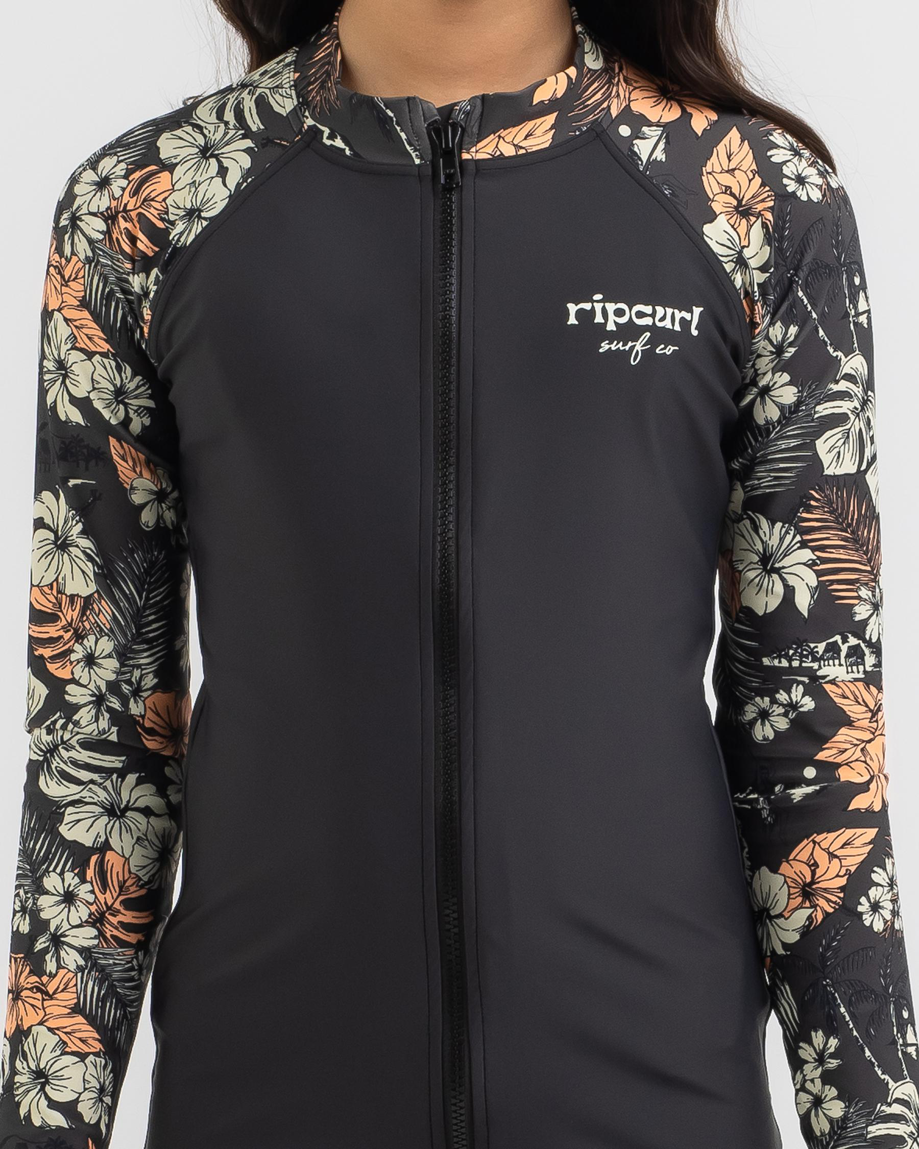 Rip Curl Girls' Cosmic Paradise Zip Rash Vest In Washed Black City