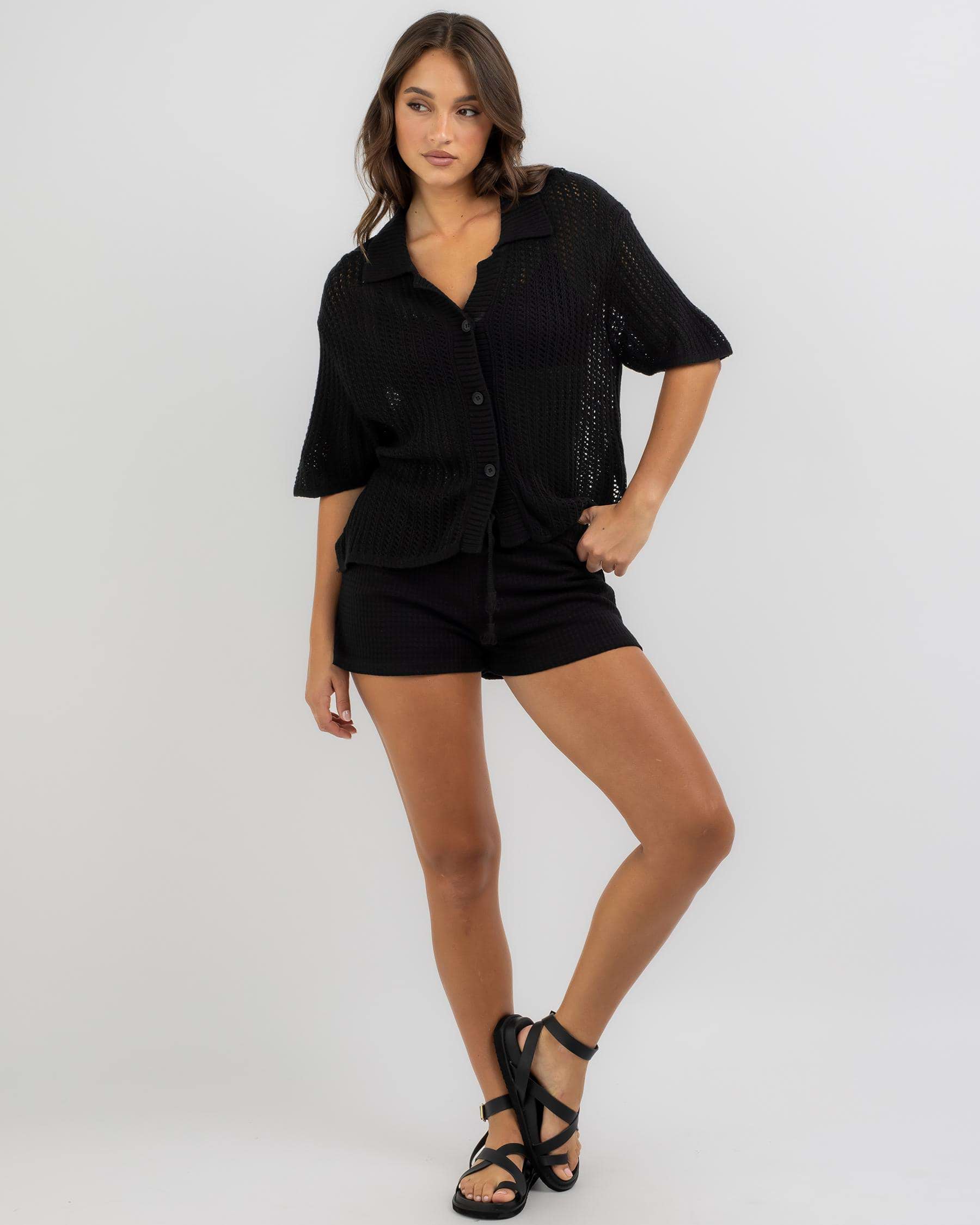 Shop Mooloola South Beach Crochet Short Sleeve Shirt In Black - Fast ...
