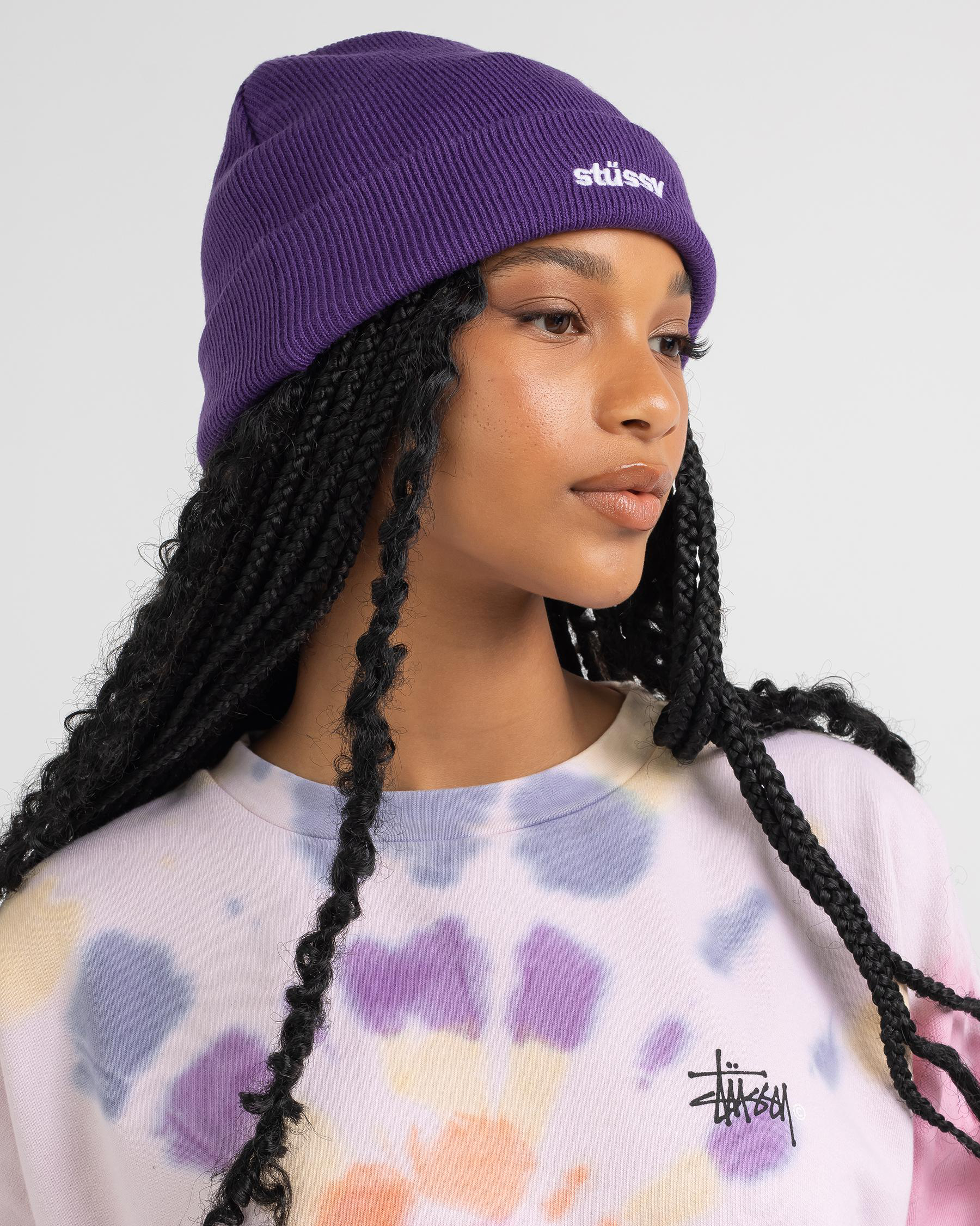 purple stussy beanie