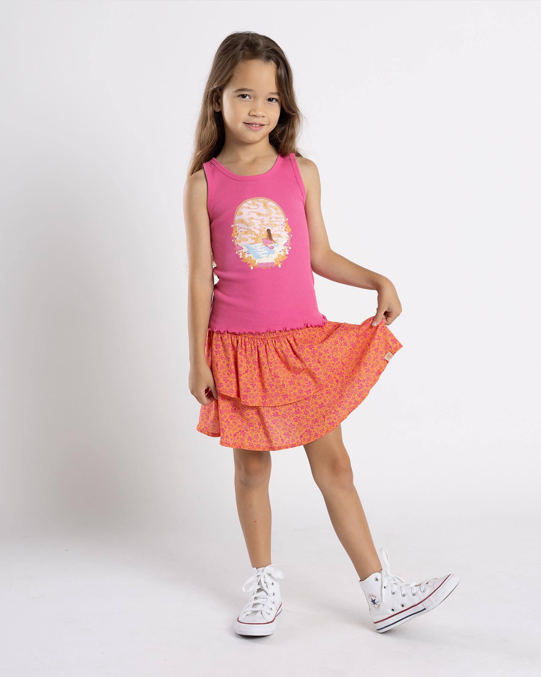 Babyhug Cotton Knee Length Frill Skirt And Divider Floral Print - Orange