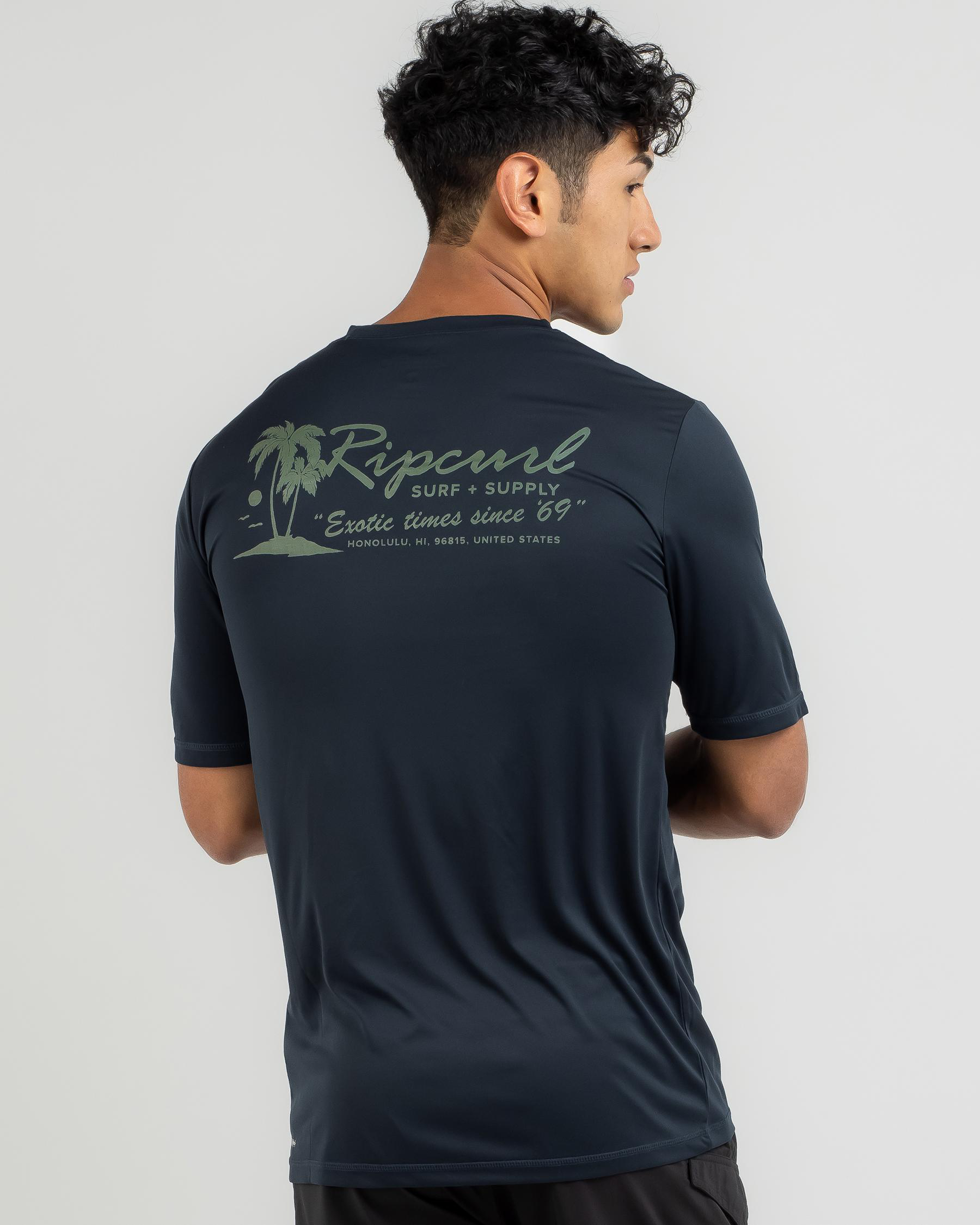 Rip Curl Mod Tropics Logo Short Sleeve Rash Vest In Dark Navy FREE