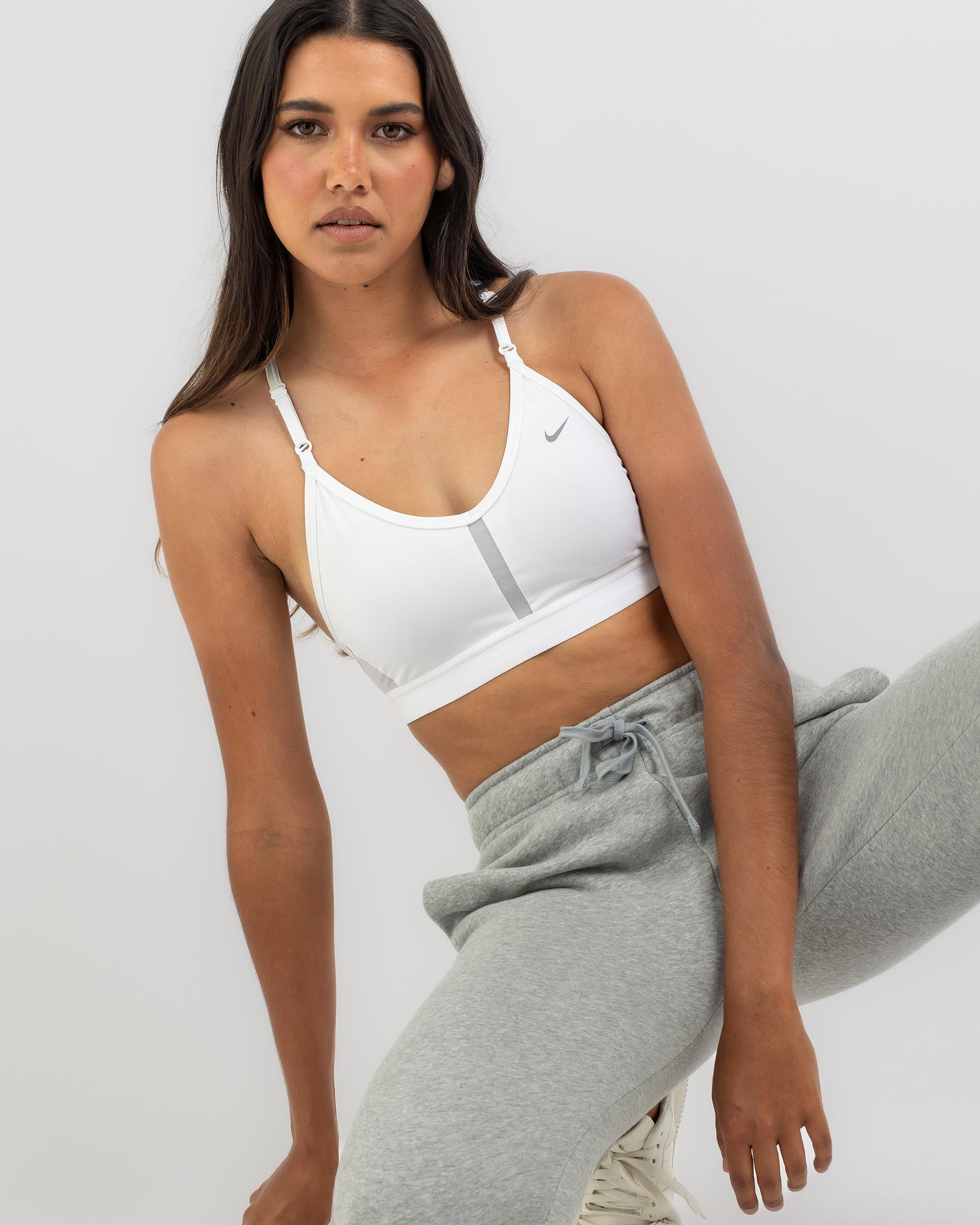 Shop Nike Indy VNeck Sports Bra In White/grey Fog/particle Grey Fast