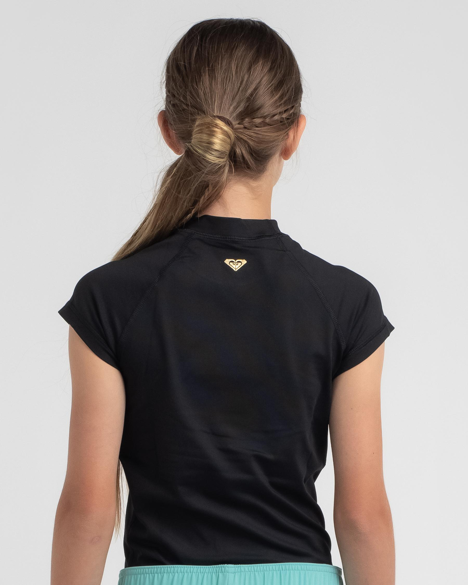 Roxy Girls' Best Life Short Sleeve Rash Vest In Anthracite Fast