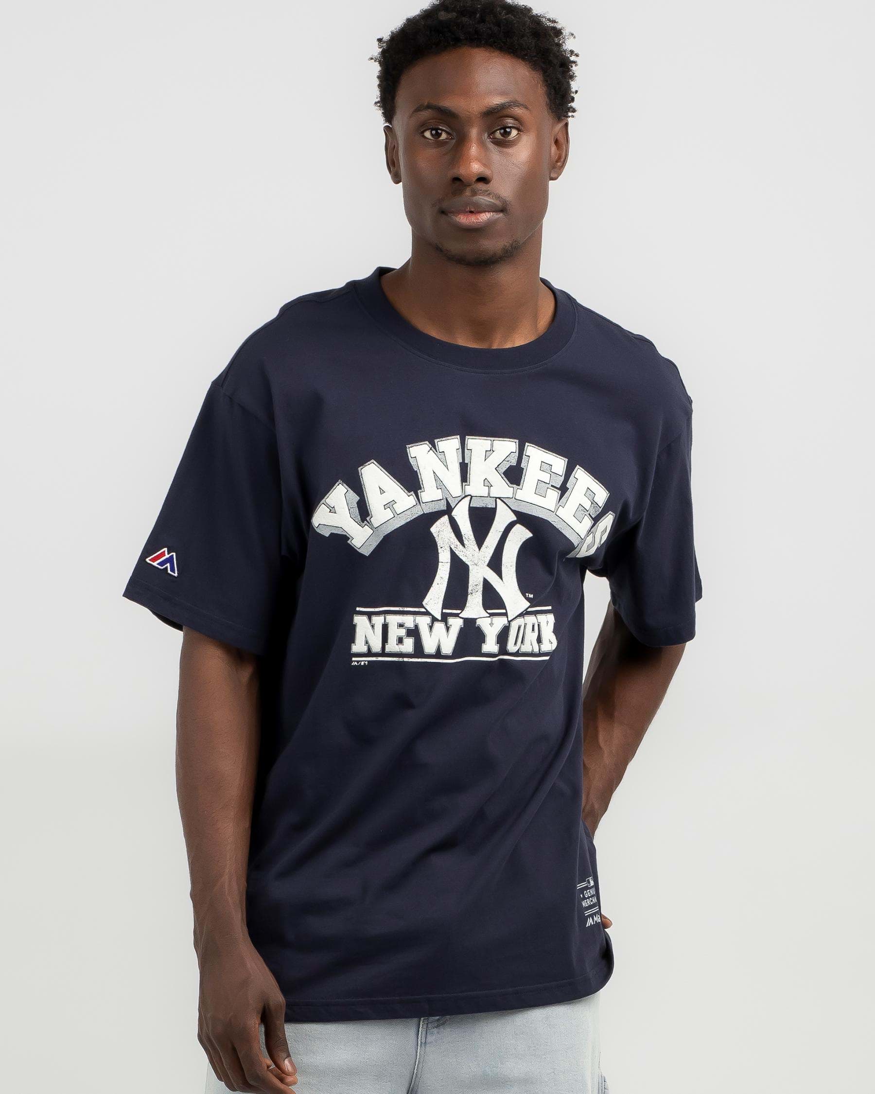 Shop Majestic New York Yankees Cracked Puff Arch T-Shirt In Seaborn ...