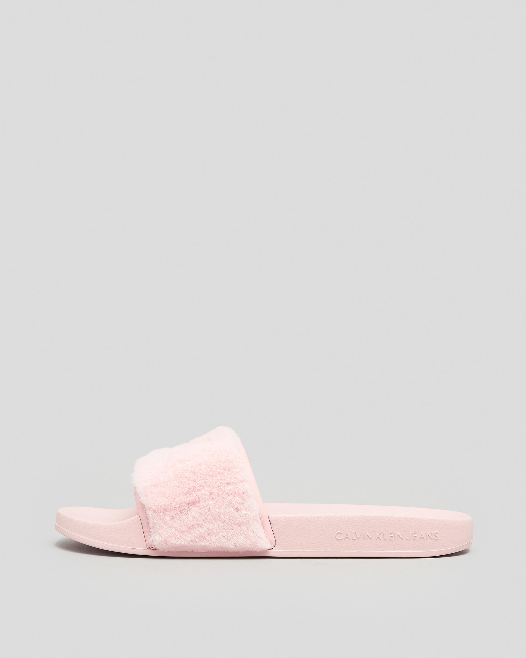 Calvin Klein Fur Slide Sandals In Pink Blush - Fast Shipping & Easy ...