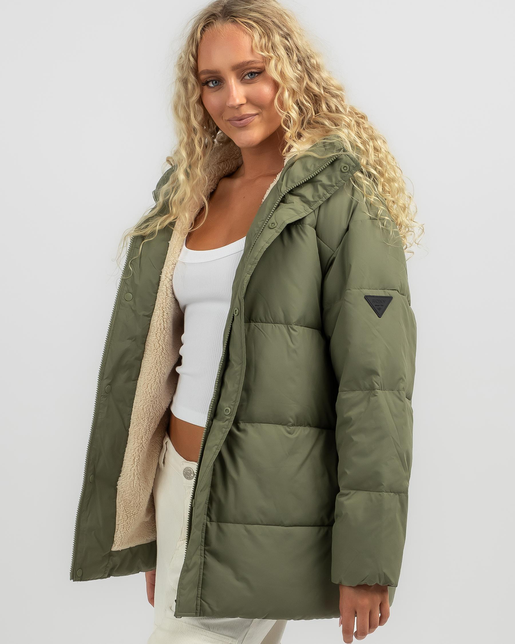 Roxy Ocean Ways Hooded Jacket In Deep Lichen Green Fast Shipping