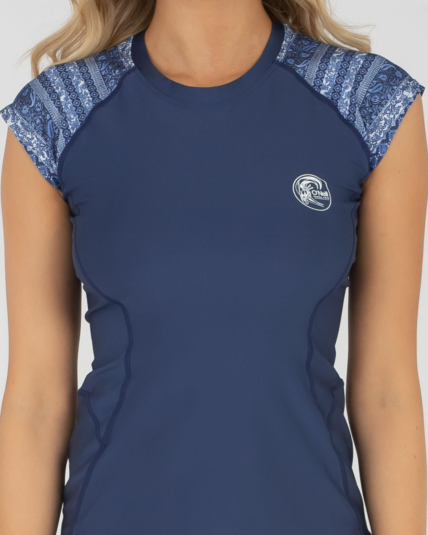 O'Neill Crescent Cap Sleeve Rash Vest In Blb Blue Border Fast