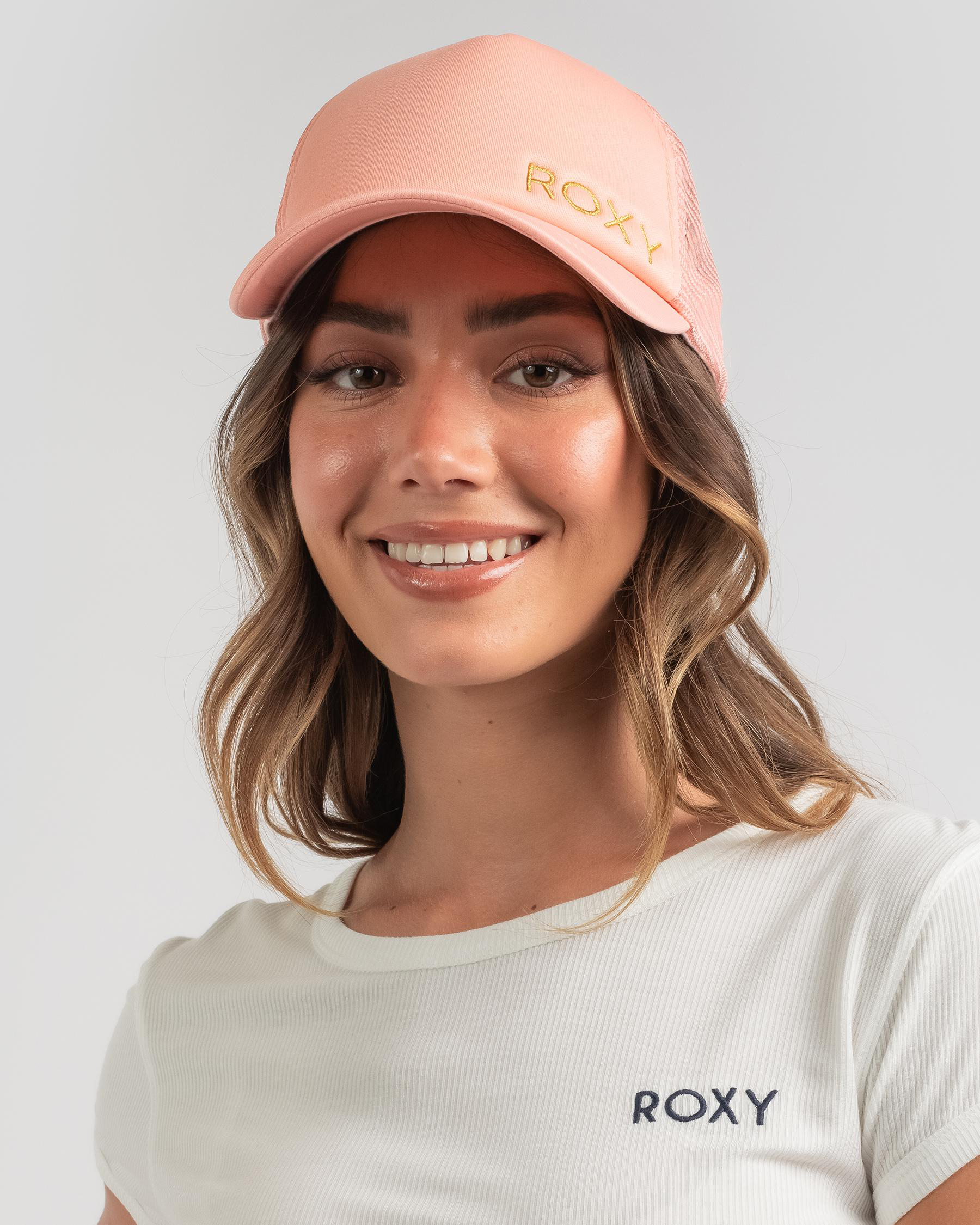 Shop Roxy Finishline 2 Trucker Cap In Peach Amber Fast Shipping