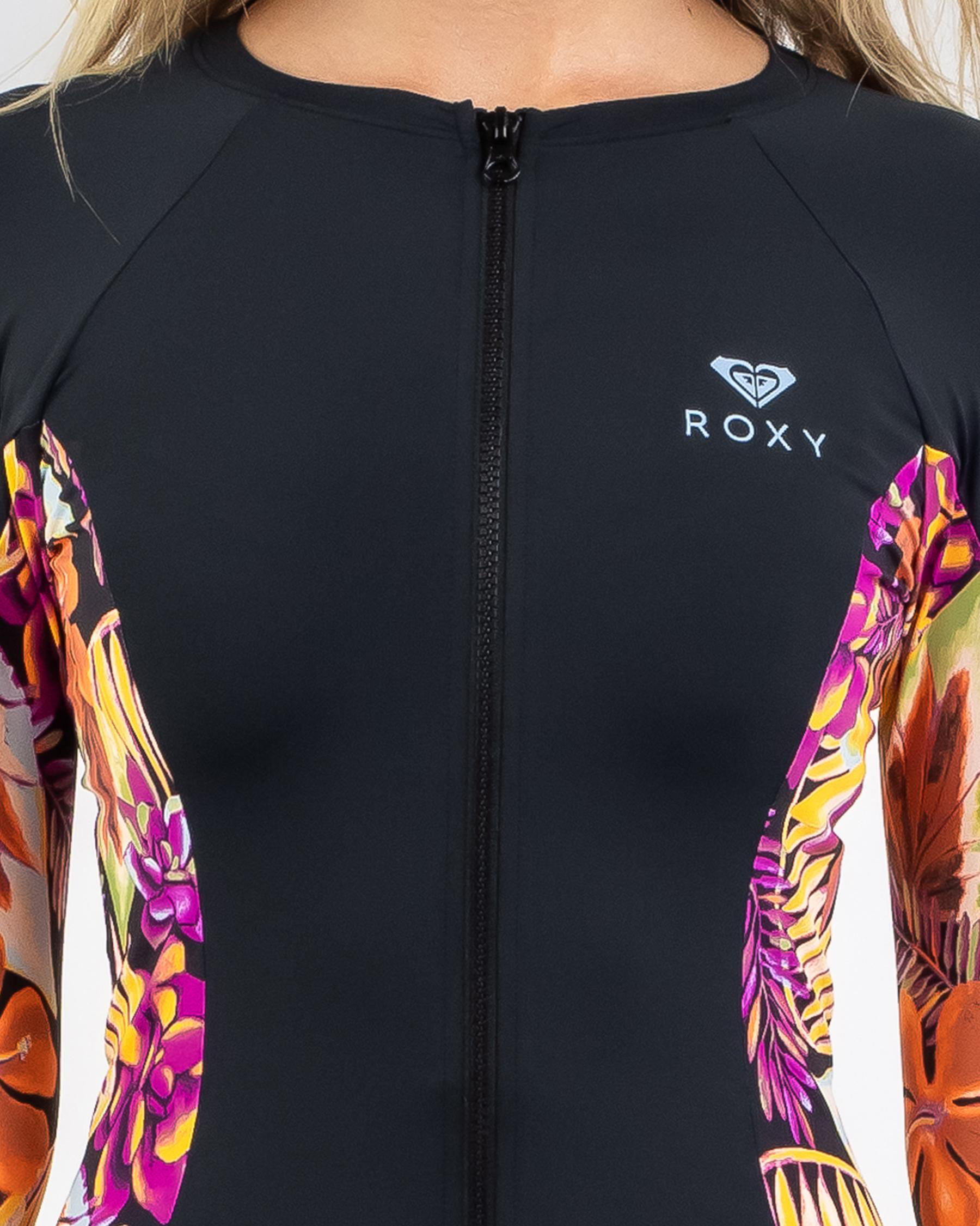 Shop Roxy Hot Tropics Long Sleeve Rash Vest In Anthracite Hot Tropics