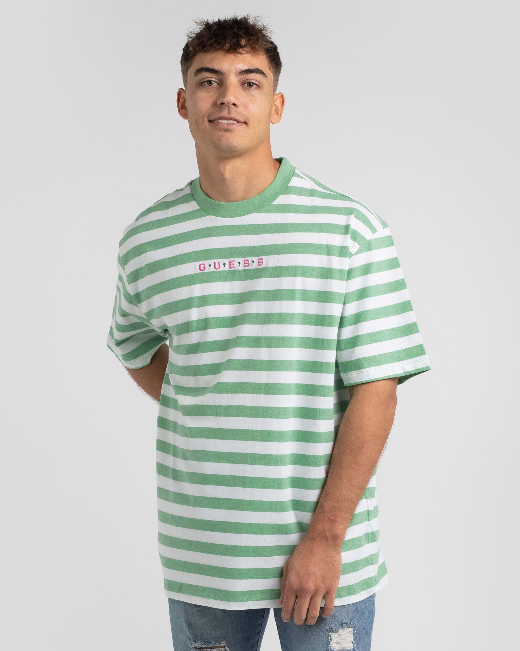 GUESS Jeans Go Logo Stripe T-Shirt In Rush Green Heather - Fast ...