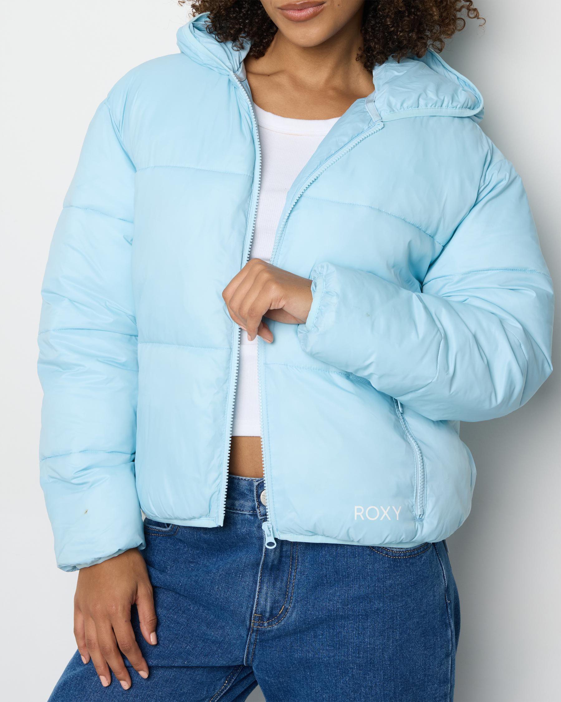 Shop Roxy Keep On Rolling Hooded Puffer Jacket In Cool Blue Fast