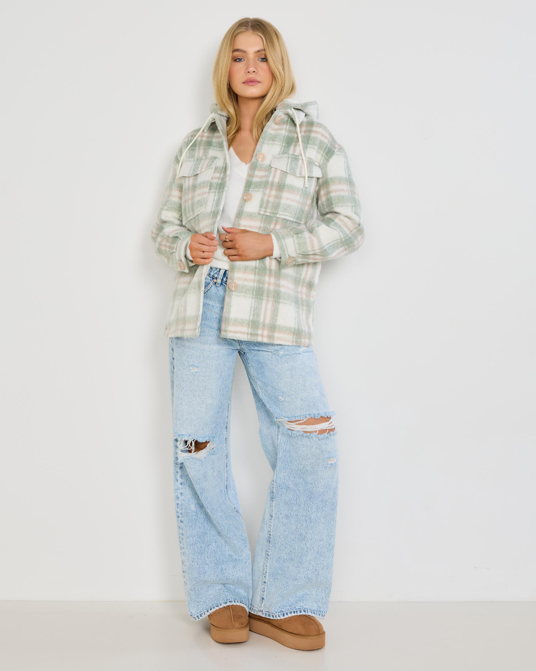 Mooloola Flynn Hooded Shacket In Cream/sage FREE* Shipping & Easy