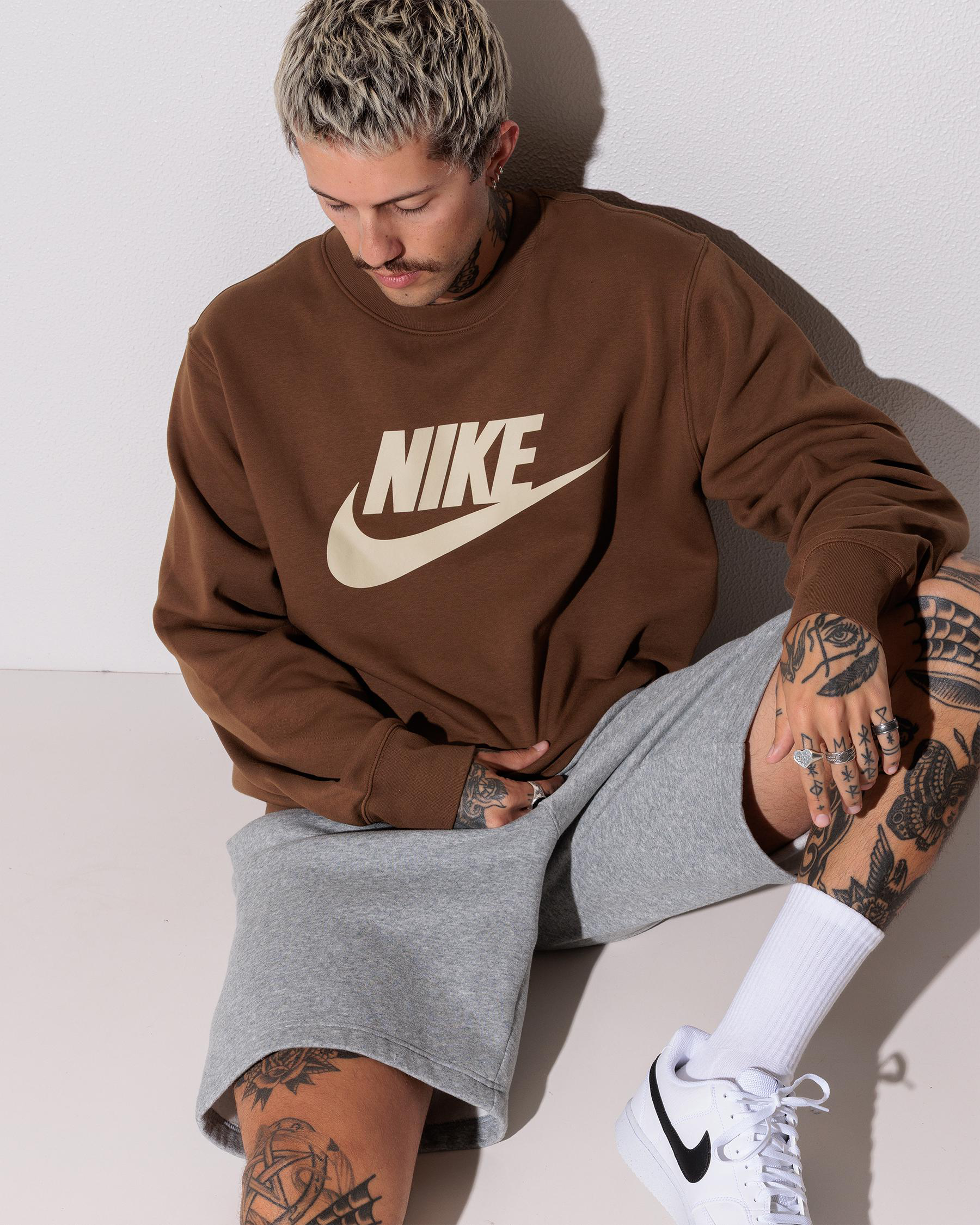 nike club crew neck sweat in khaki