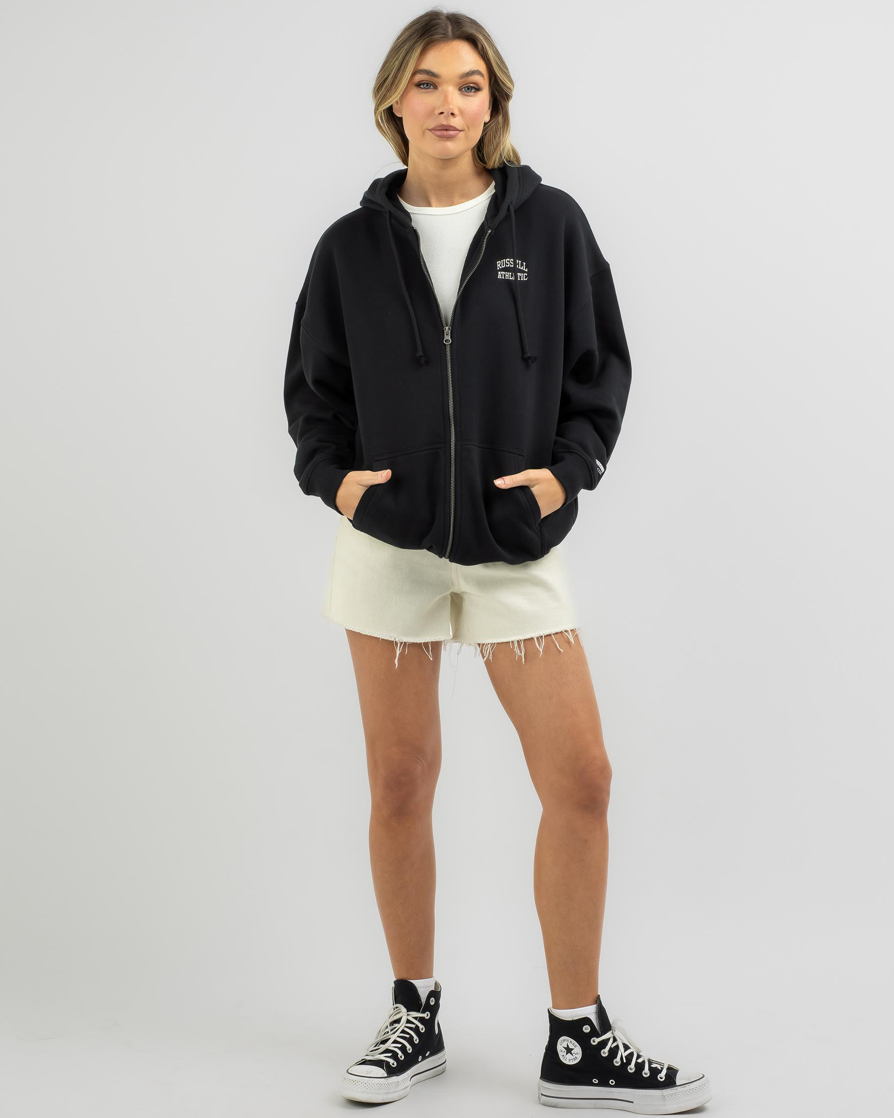 Shop Russell Athletic Originals Embroidered Zip Through Hoodie In Black