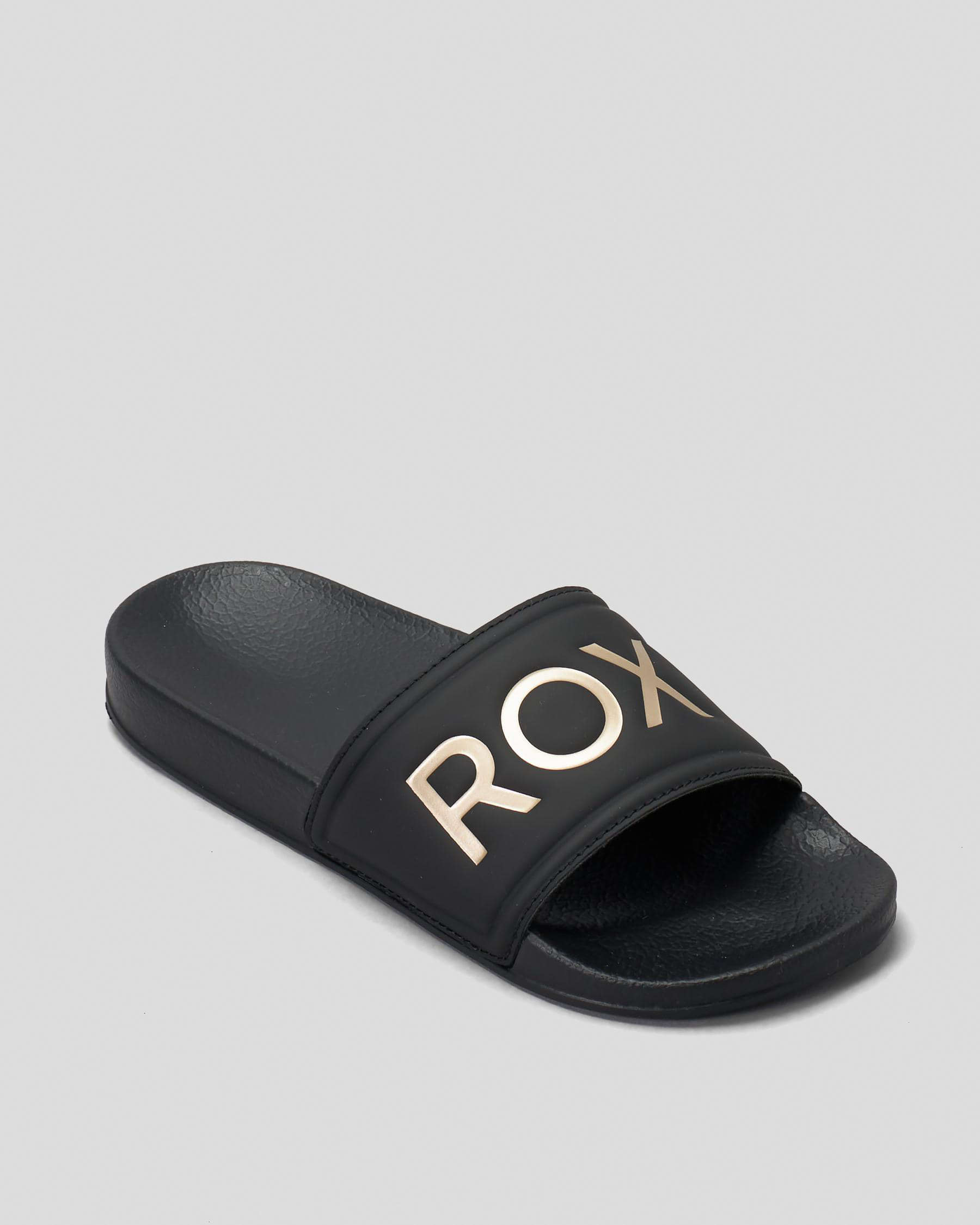 Roxy Girls' Slippy Slide Sandals In Black/m Gold - Fast Shipping & Easy ...