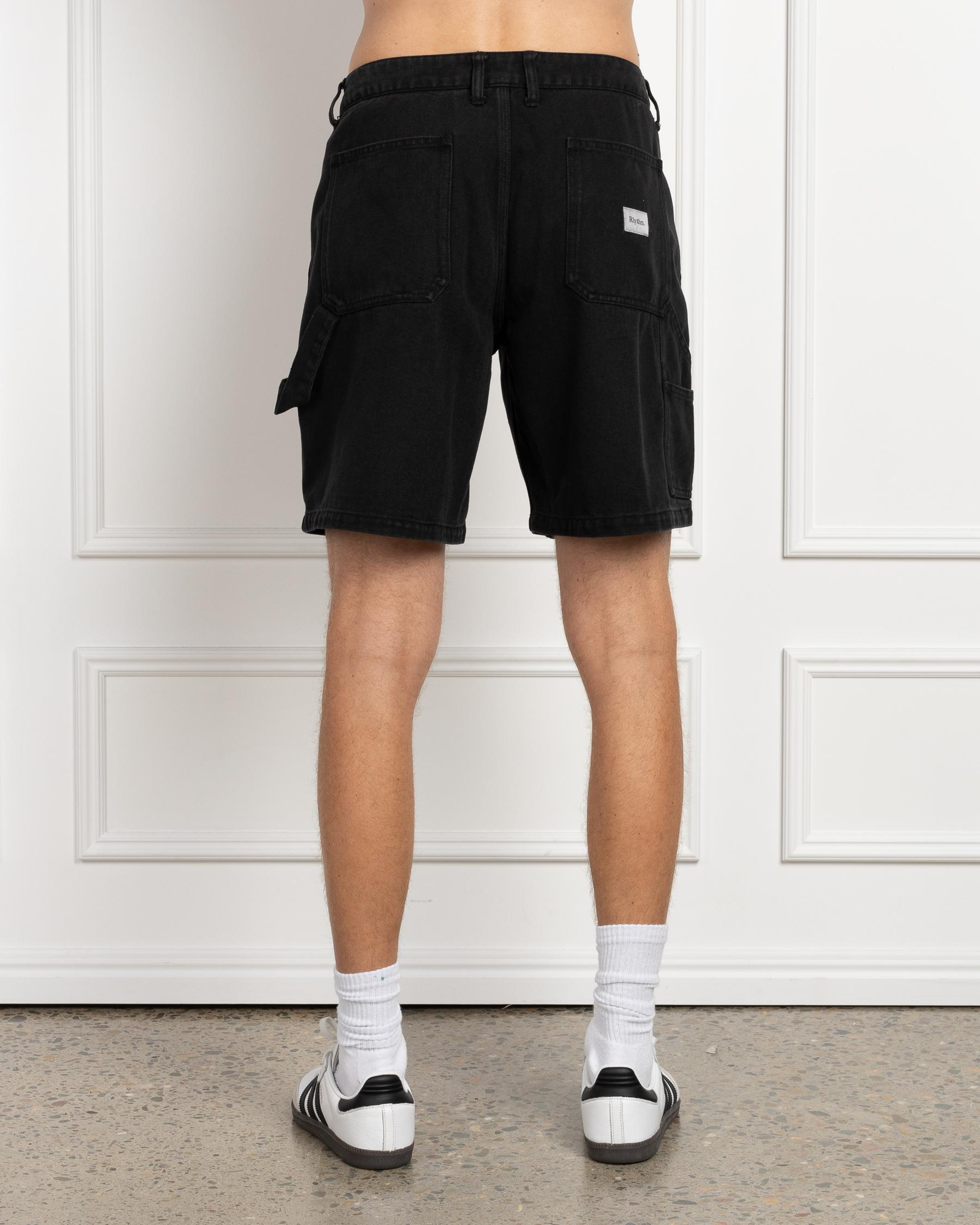 Shop Rhythm Carpenter Denim Shorts In Worn Black - Fast Shipping & Easy ...