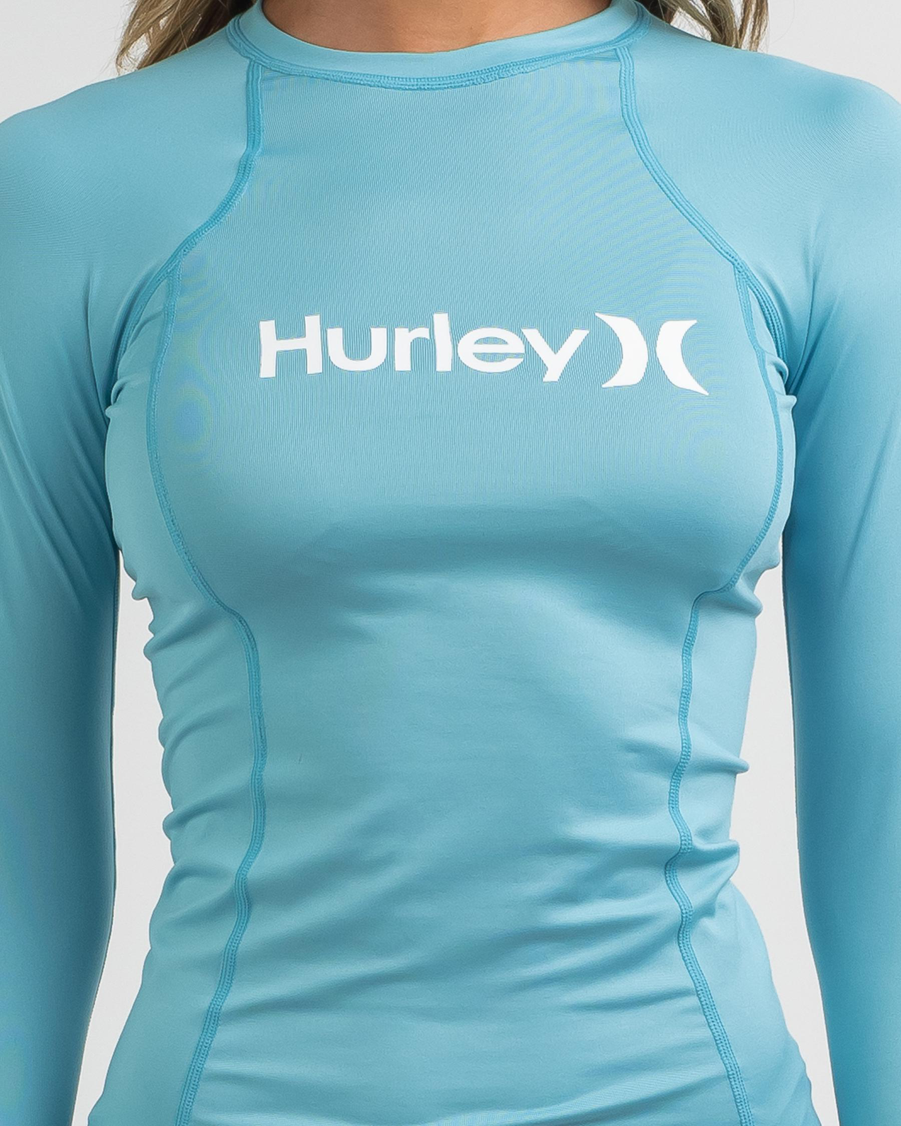 Shop Hurley OAO Long Sleeve Rash Vest In Light Teal Fast Shipping