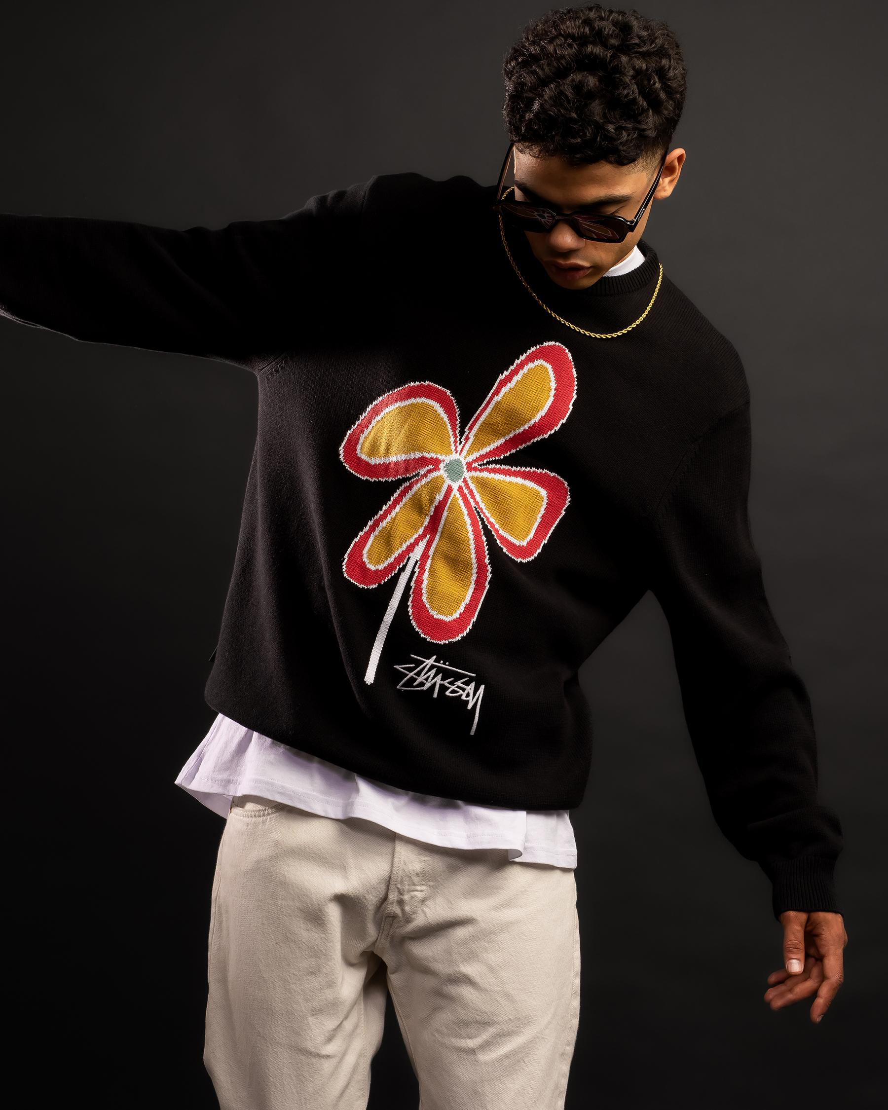 Shop Stussy Jacquard Flower Knit Sweatshirt In Black - Fast
