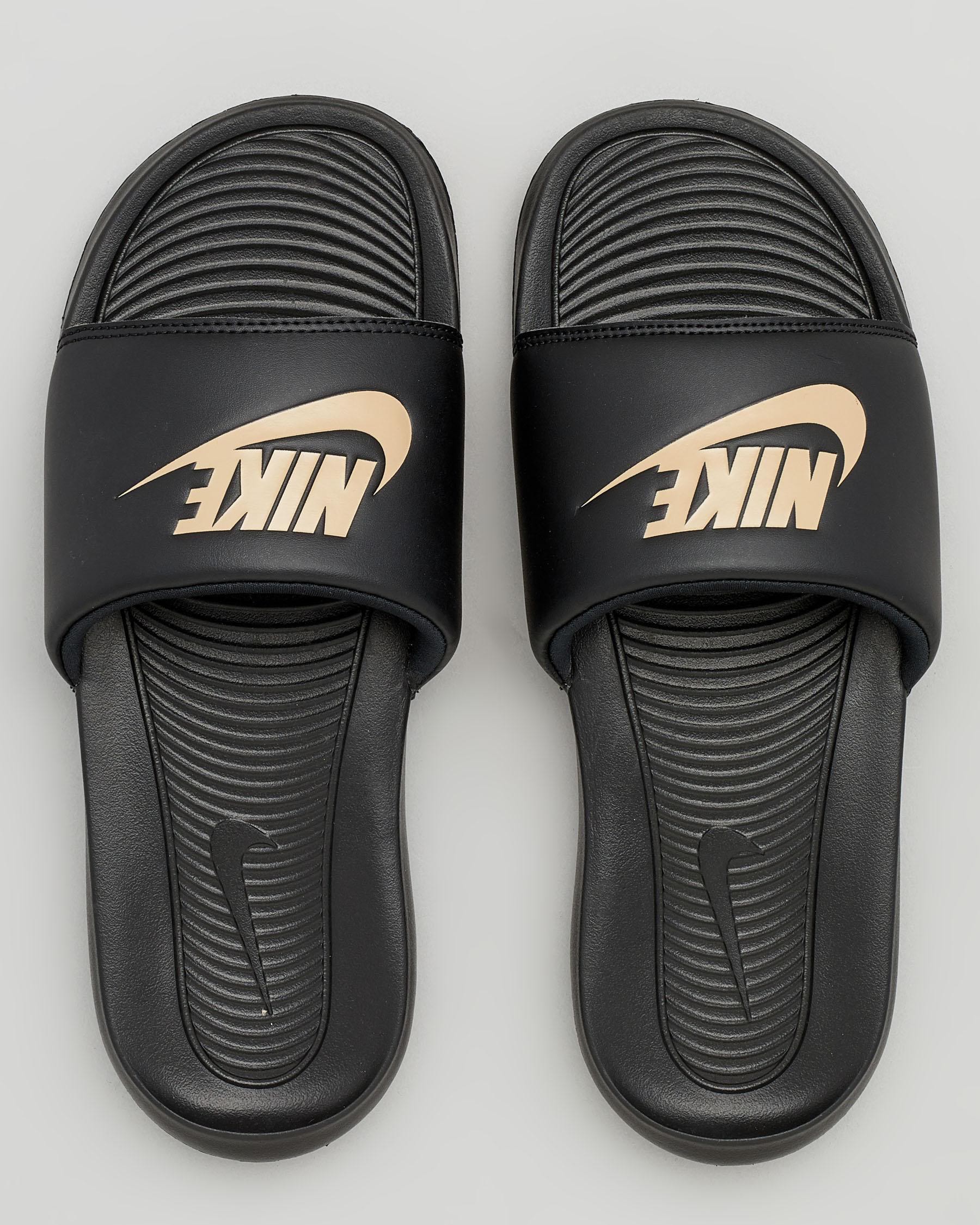 Shop Nike Victori One Slides In Black/metallic Gold-black - Fast ...