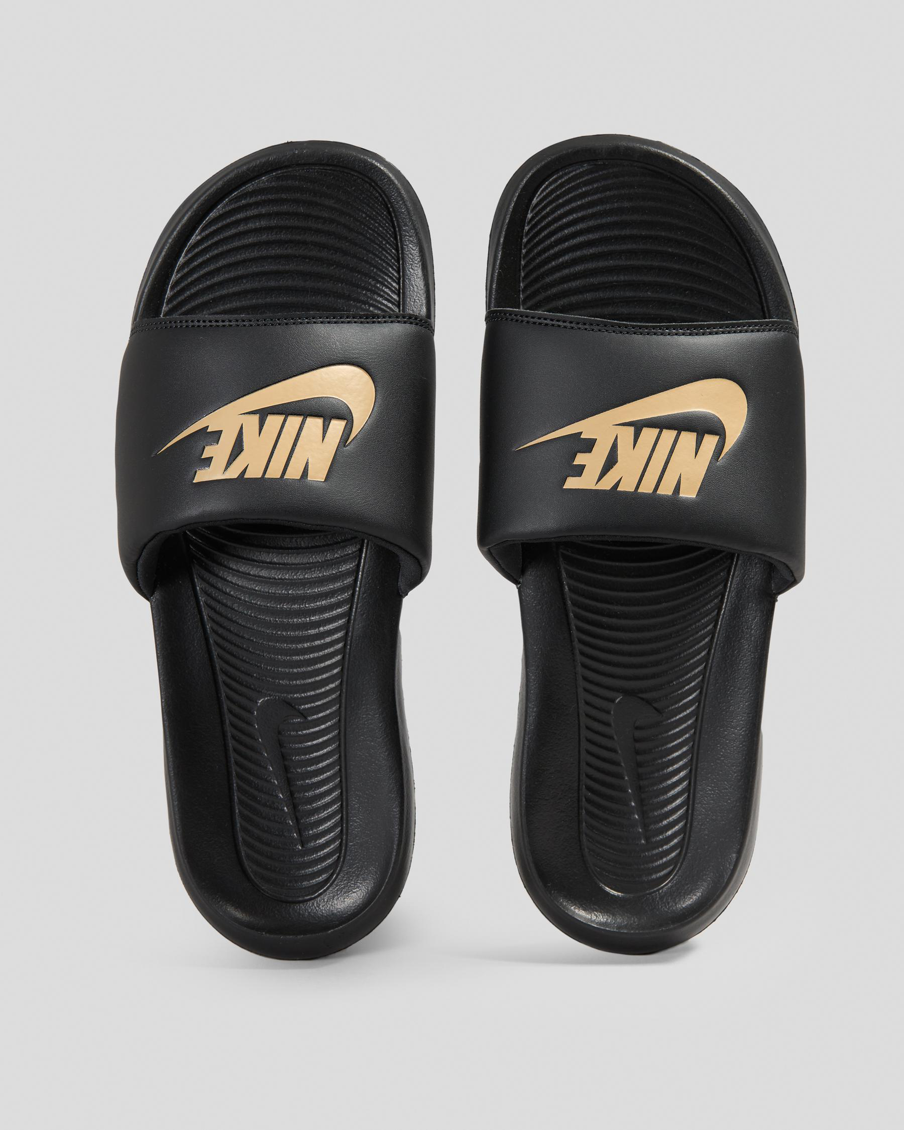 Shop Nike Victori One Slides In Black/metallic Goldblack Fast Shipping & Easy Returns City