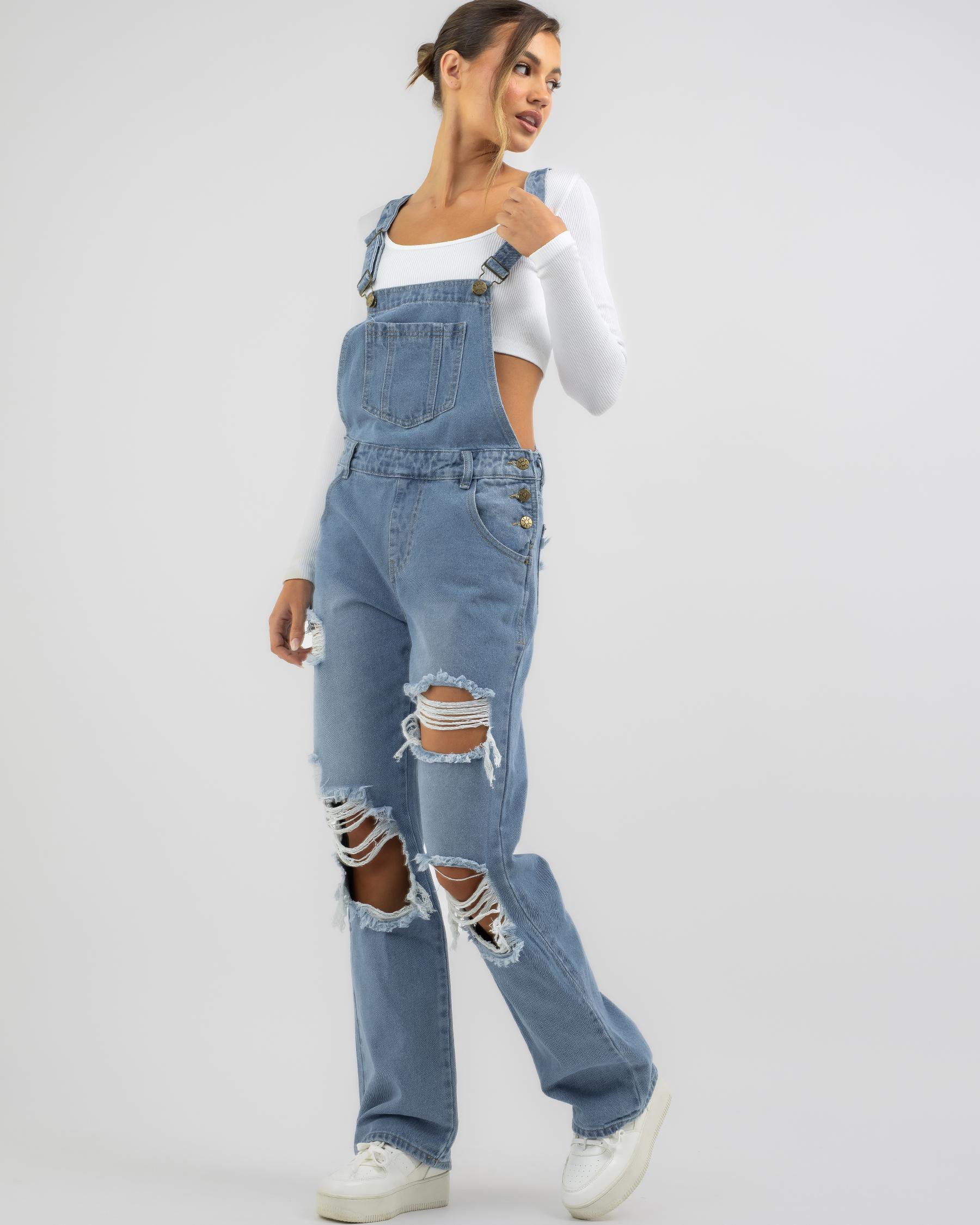 DESU Parker Denim Long Overalls In Mid Blue Fast Shipping & Easy
