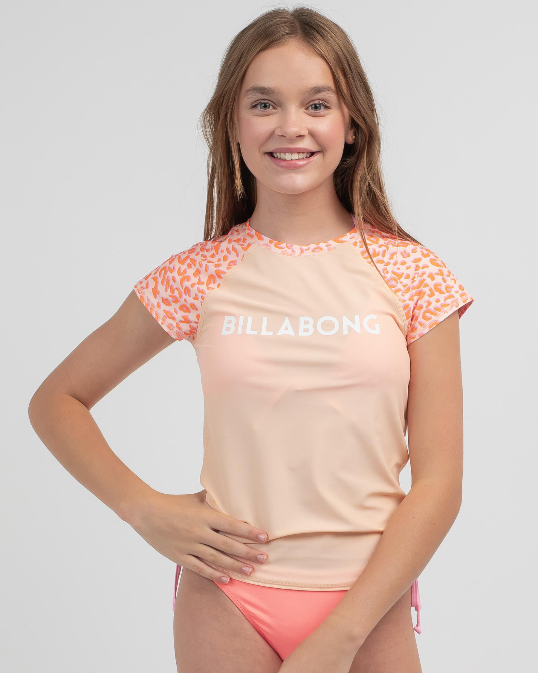 Shop Billabong Girls' Chase The Wild Short Sleeve Rash Vest In Melon Fast Shipping & Easy