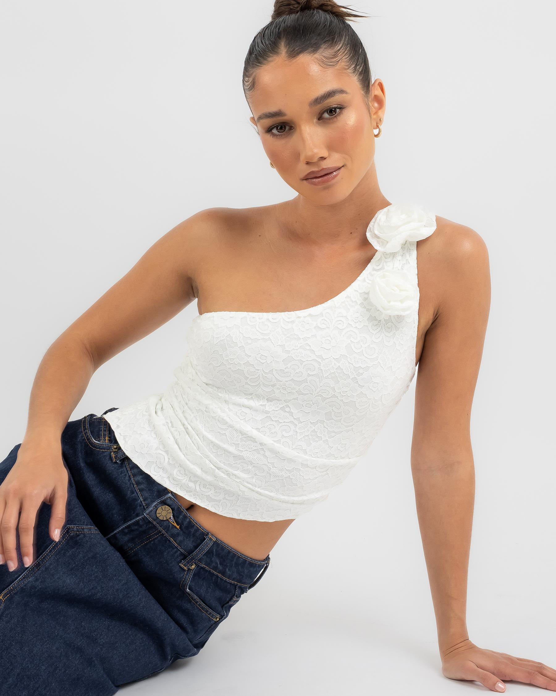 Shop Luvalot Abberton Lace One Sleeve Top In White Fast Shipping