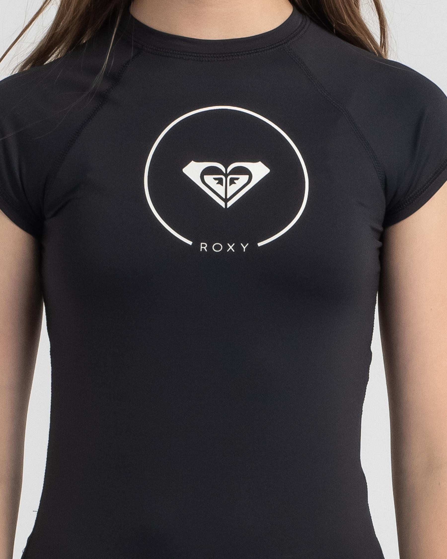 Shop Roxy Girls' Beach Classics Short Sleeve Rash Vest In Anthracite ...