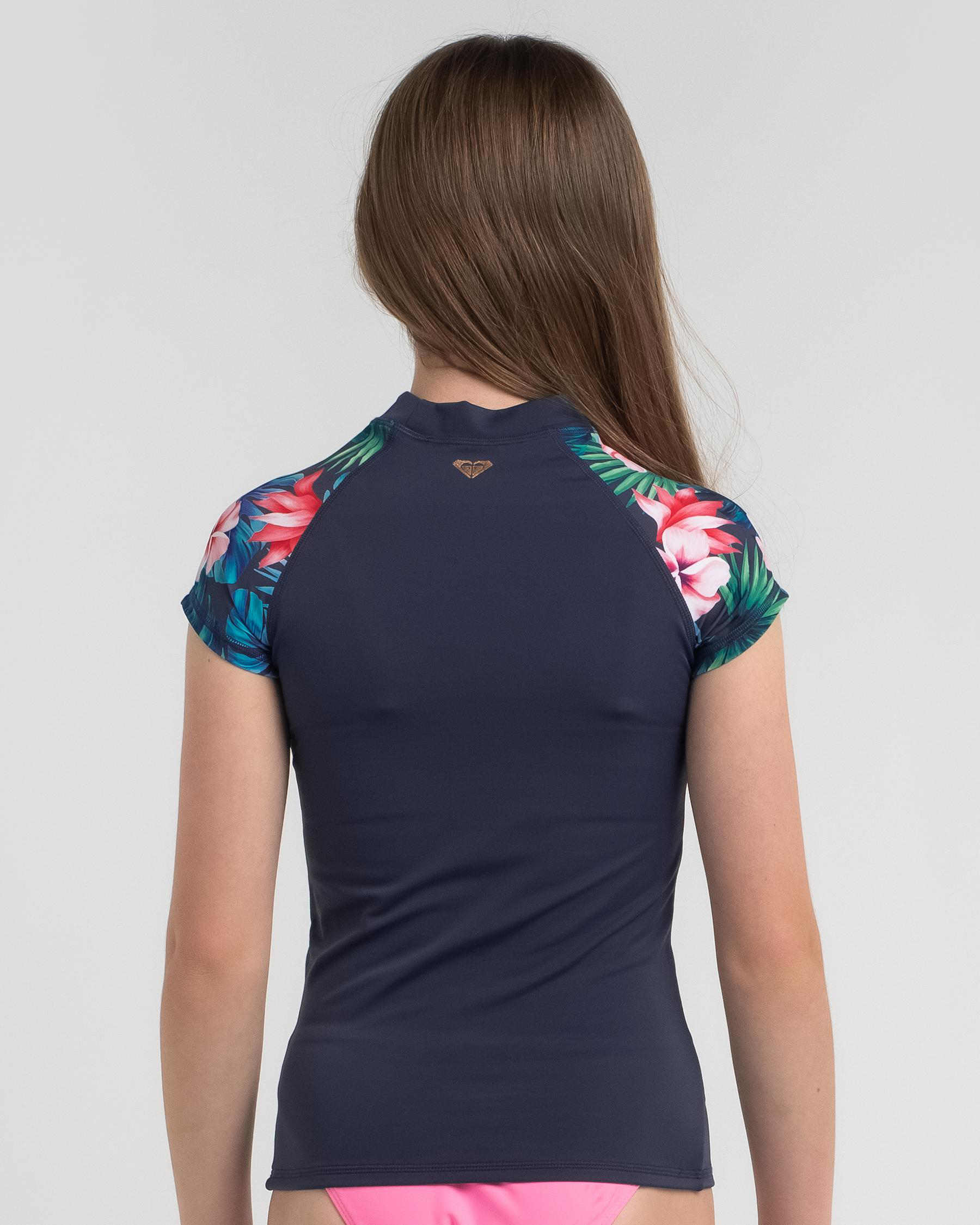 Roxy Girls' Oahu Short Sleeve Rash Vest In Oahu Floral Mood Indigo