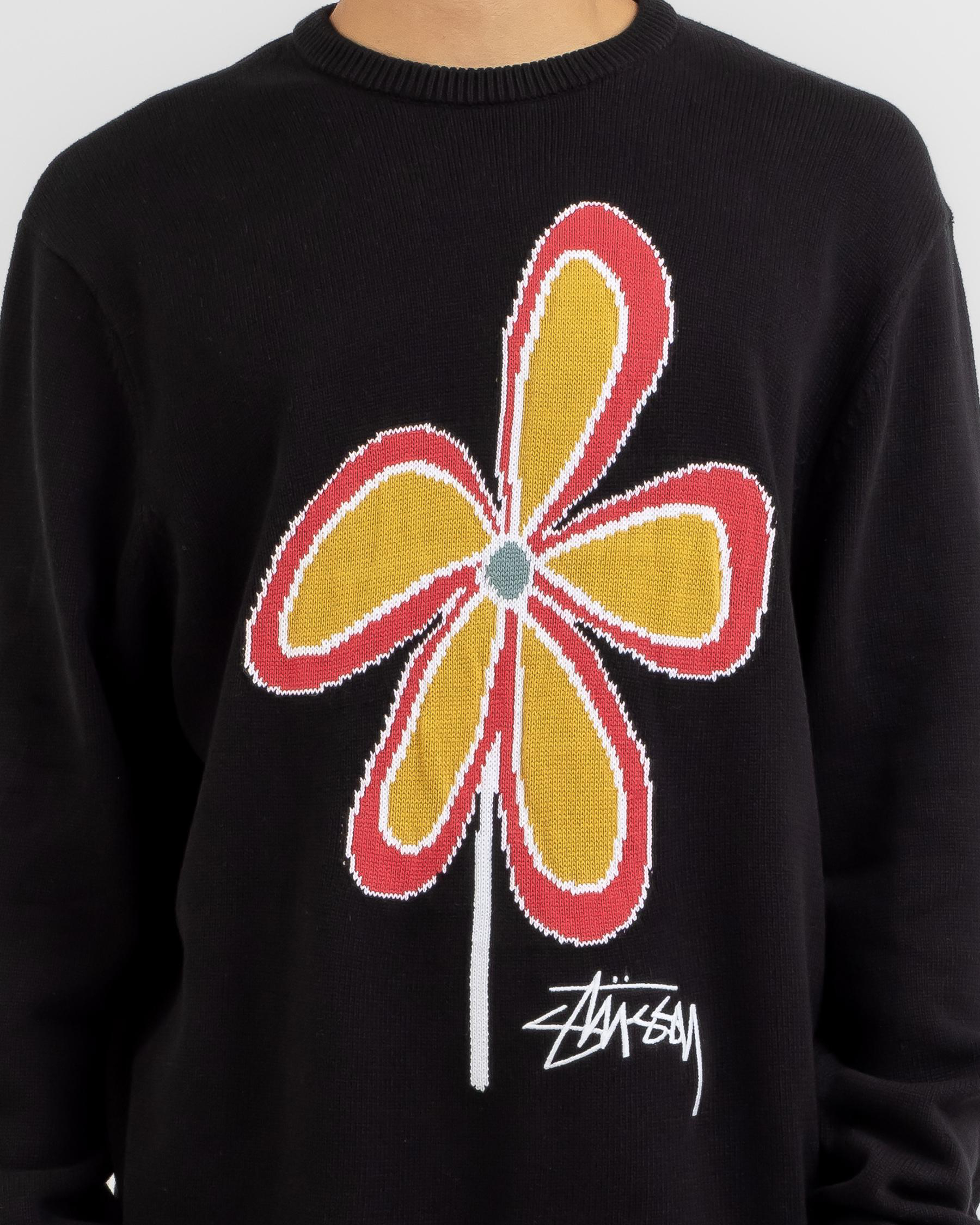 Shop Stussy Jacquard Flower Knit Sweatshirt In Black - Fast