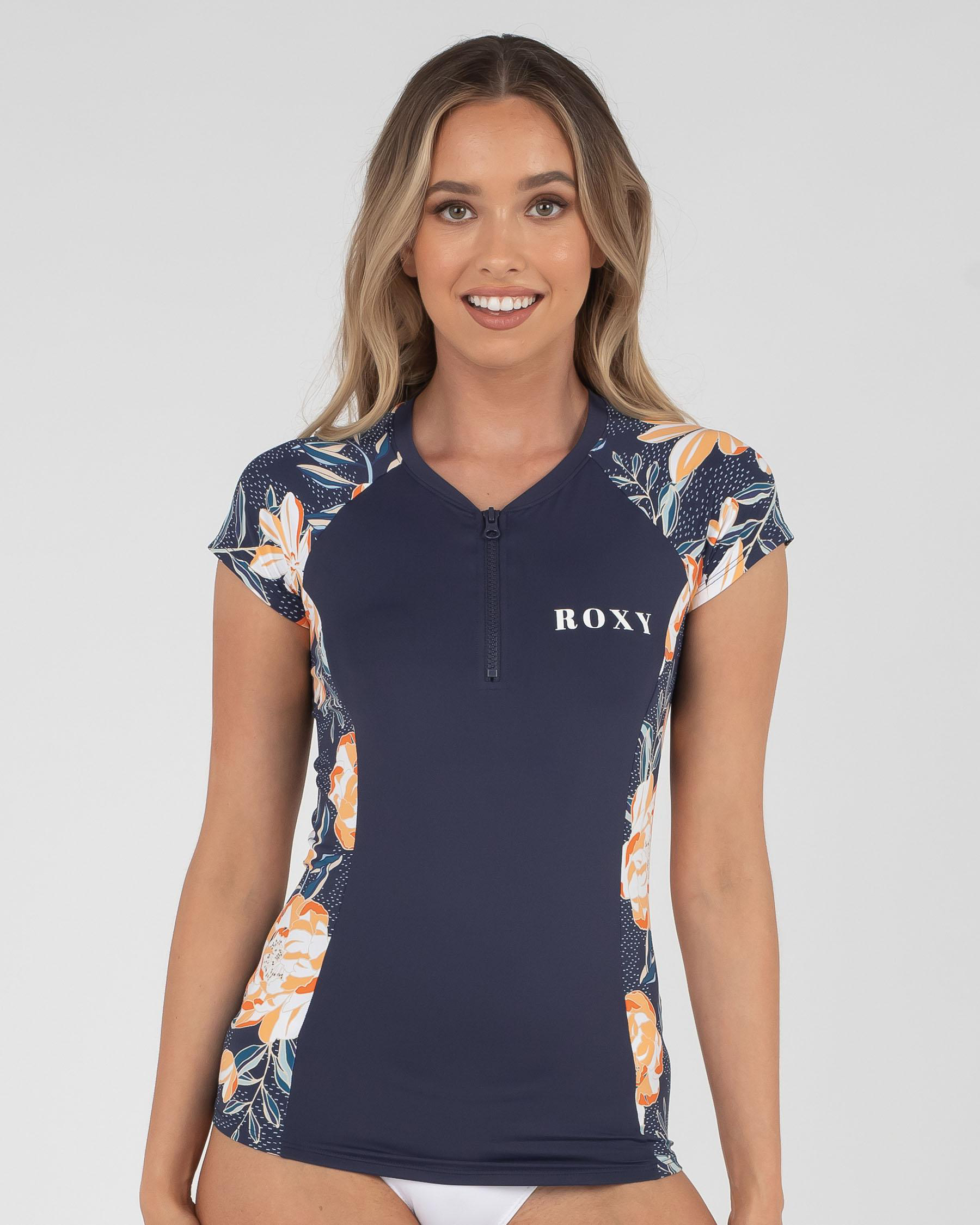 Shop Roxy Lilies Cap Sleeve Rash Vest In Mood Indigo Happy Day Yw S