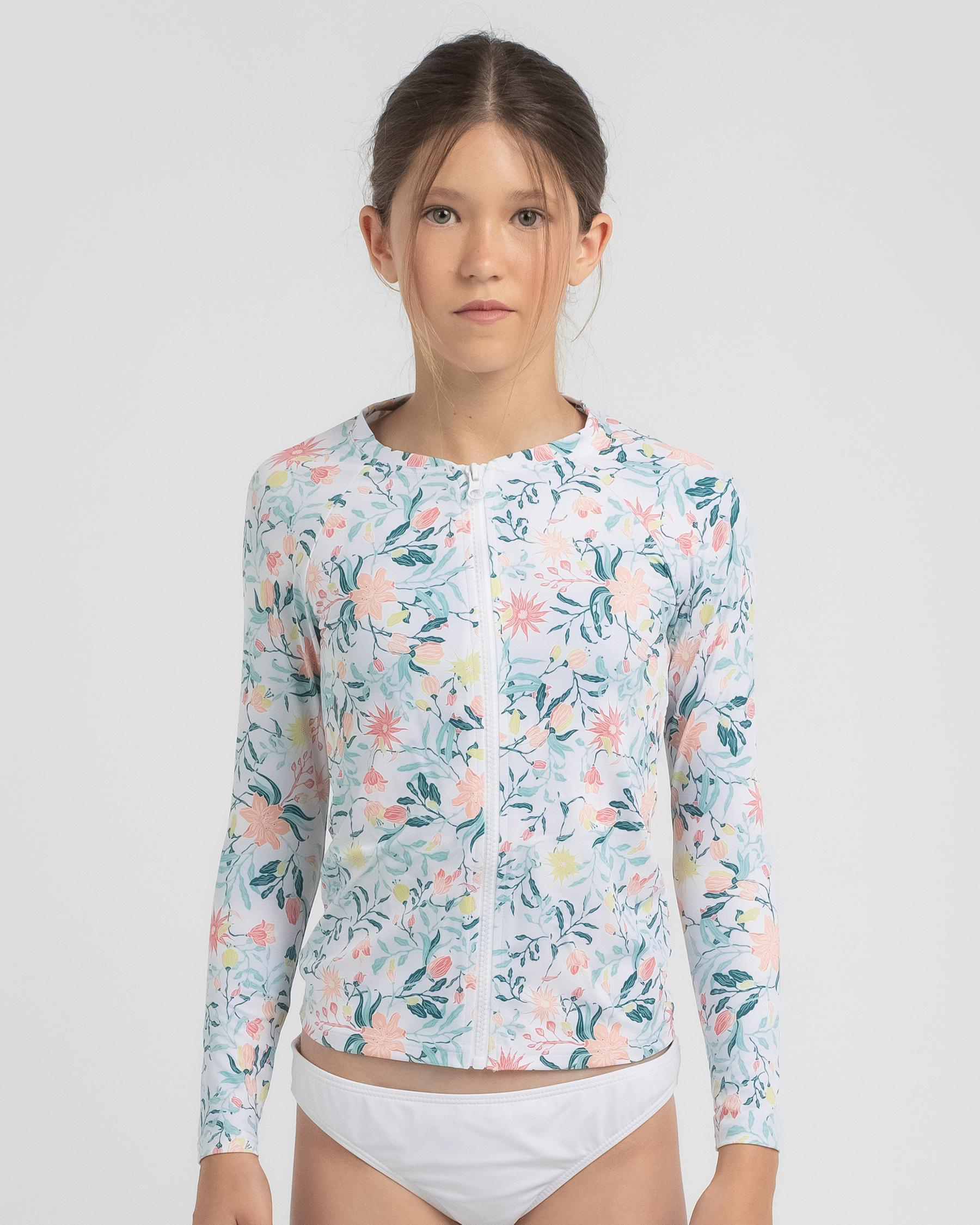 Shop Roxy Girls' Colour Garden Long Sleeve Rash Vest In Bright White