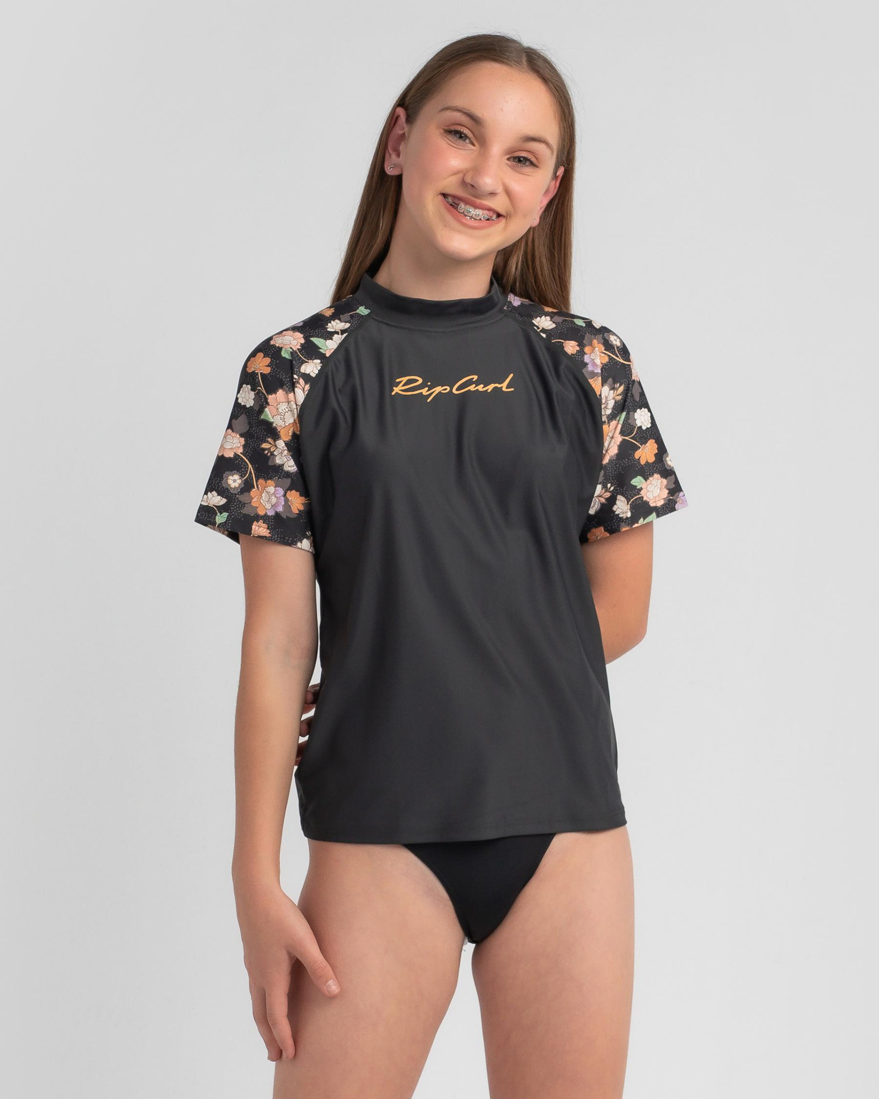 Shop Rip Curl Girls' Short Sleeve Rash Vest In Washed Black Fast