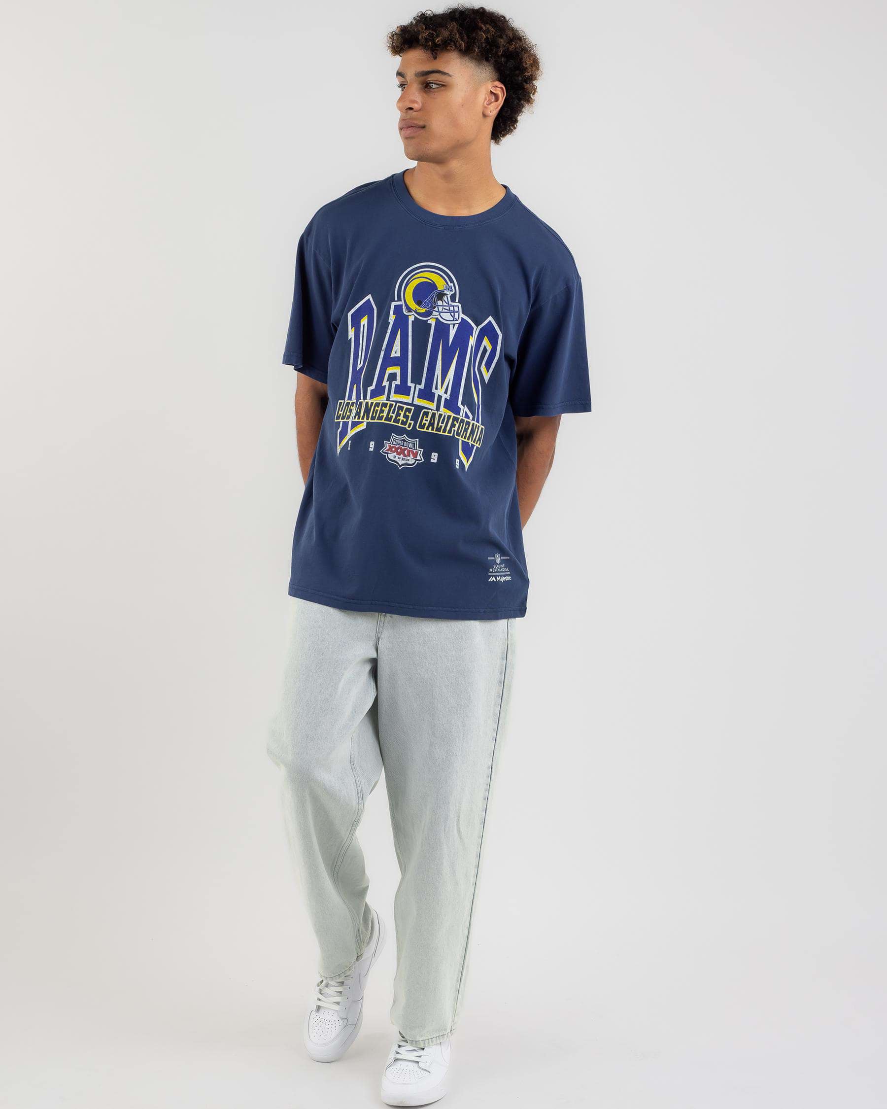 Shop Majestic LA Rams T-Shirt In Faded Navy - Fast Shipping & Easy ...